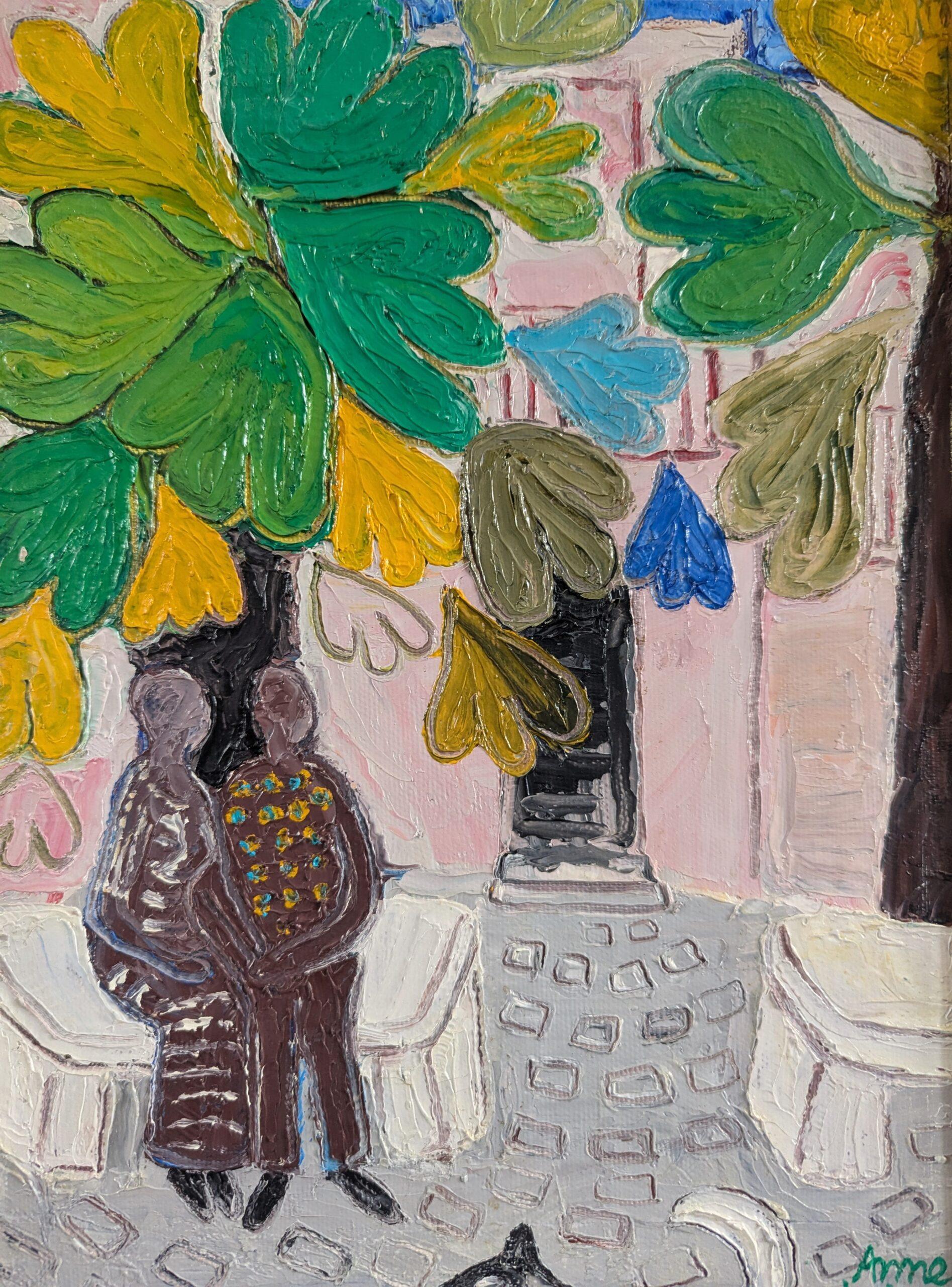 Pittura a olio su strada figurativa moderna di metà secolo - Amore sotto gli alberi in vendita 4