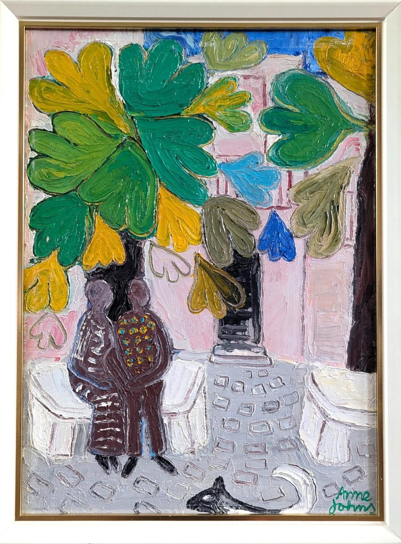 Pittura a olio su strada figurativa moderna di metà secolo - Amore sotto gli alberi - Painting di Unknown