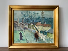 Mid Century Modern Figurative Village Scene "The Walk Home" Vintage Framed Oil