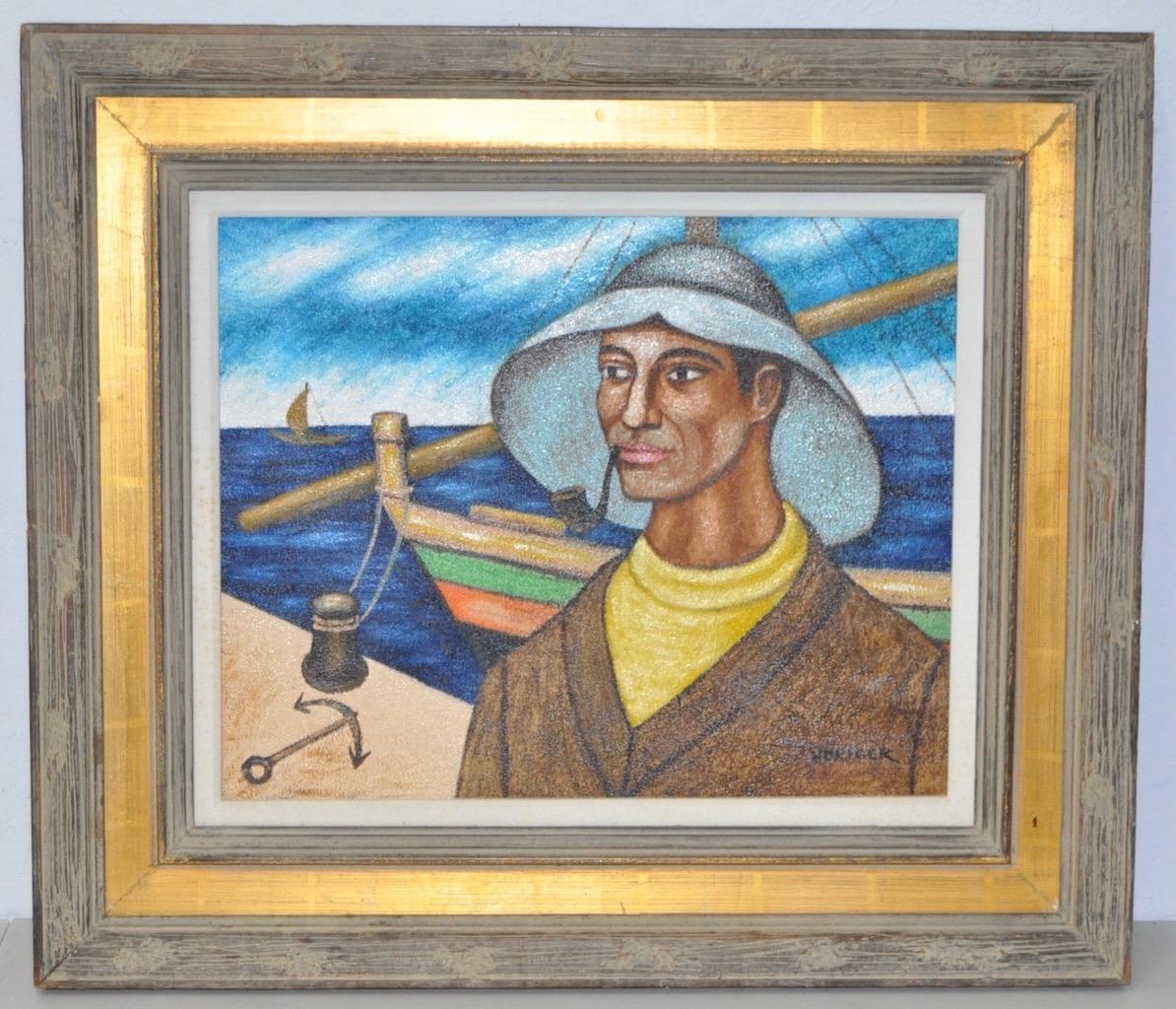 Mid Century Modern Fisherman w/ Pipe Oil Painting c.1950