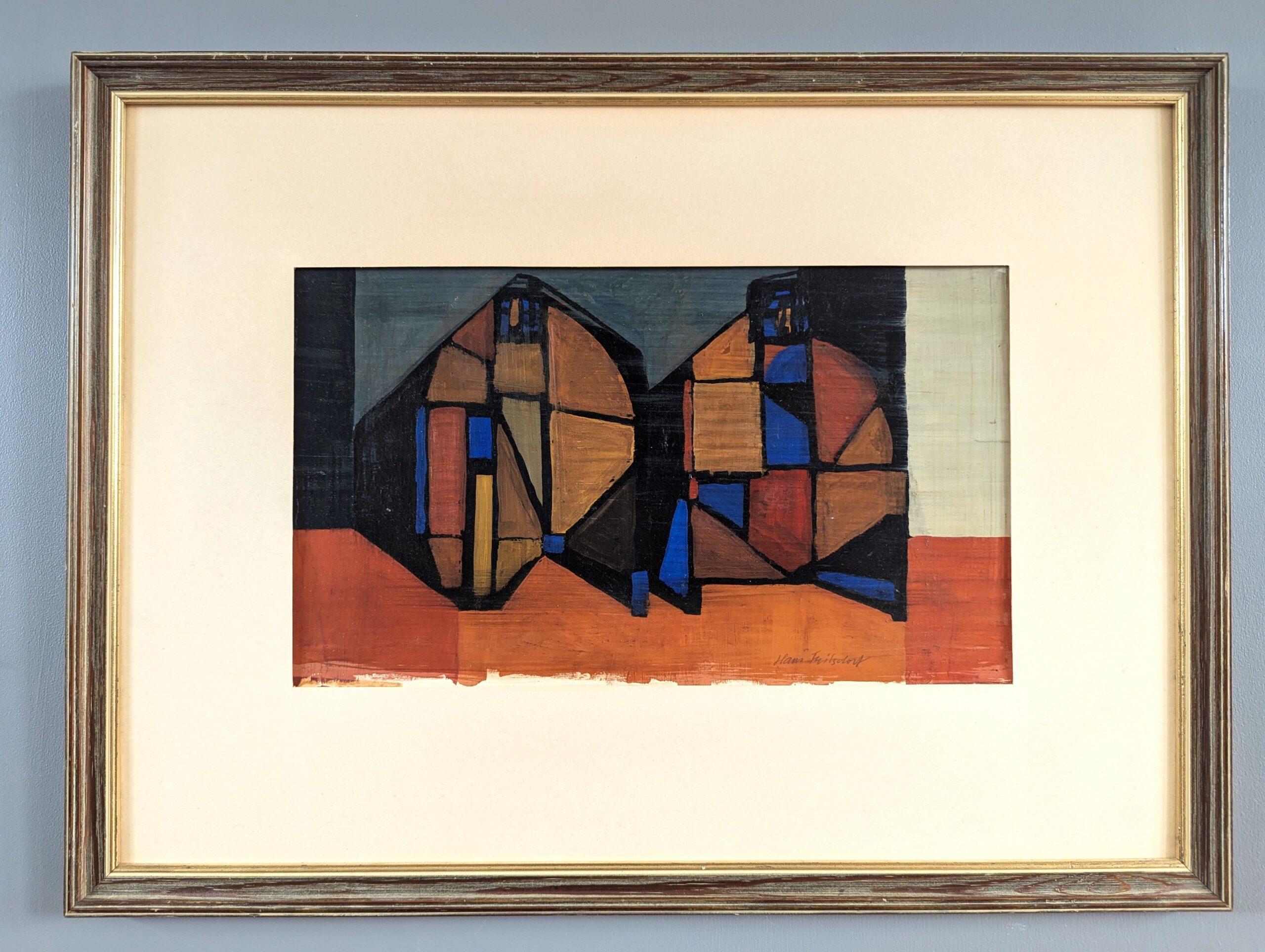 Pittura a olio astratta geometrica di metà secolo - Abitazioni frammentate - Painting di Unknown
