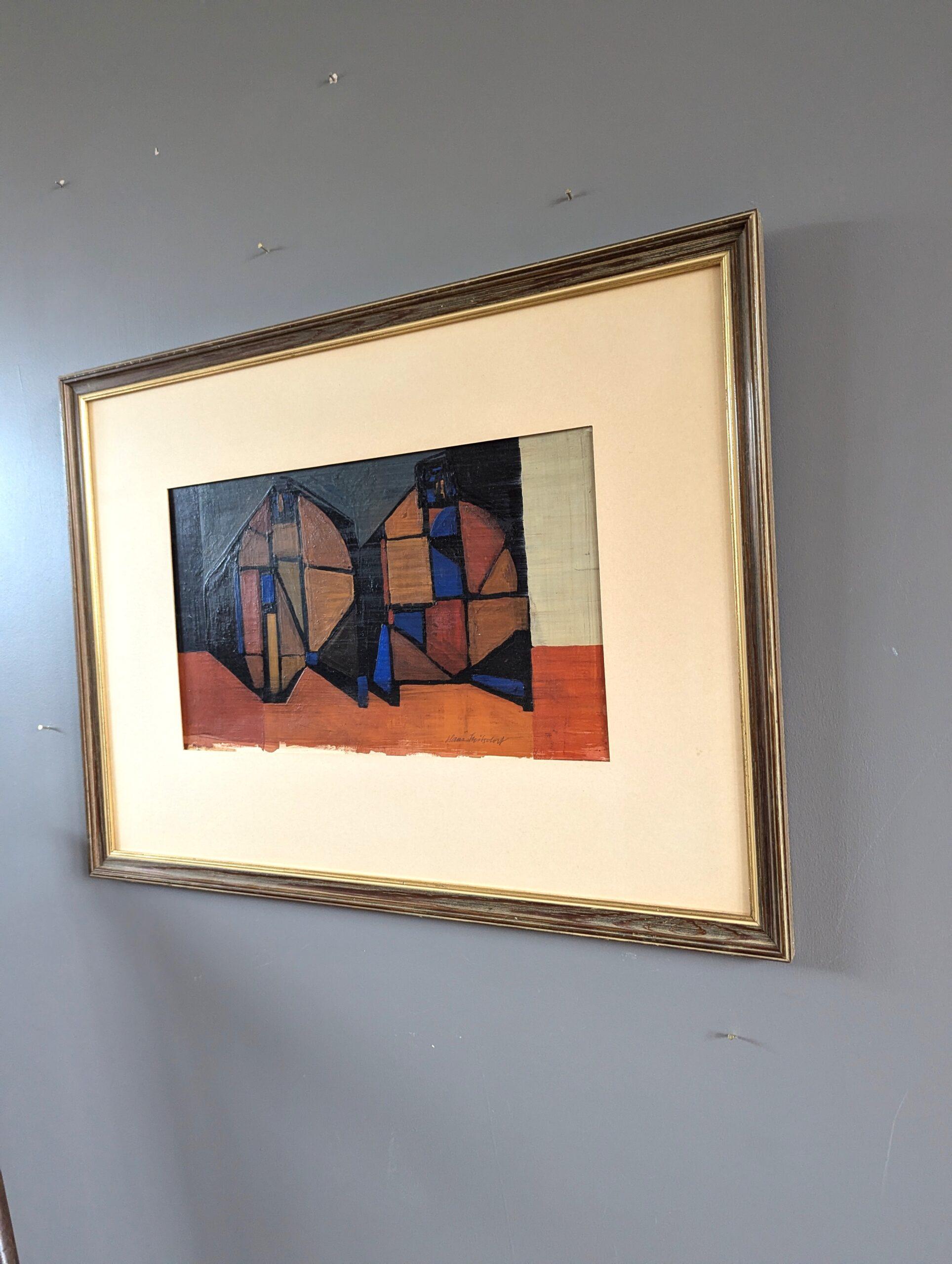 ABITAZIONI FRAMMENTATE
Dimensioni: 38,5 x 51,5 cm (cornice inclusa)
Olio su carta

Un dipinto audace e brillantemente eseguito della metà del secolo scorso che presenta un'interpretazione astratta di forme o strutture architettoniche, realizzato a