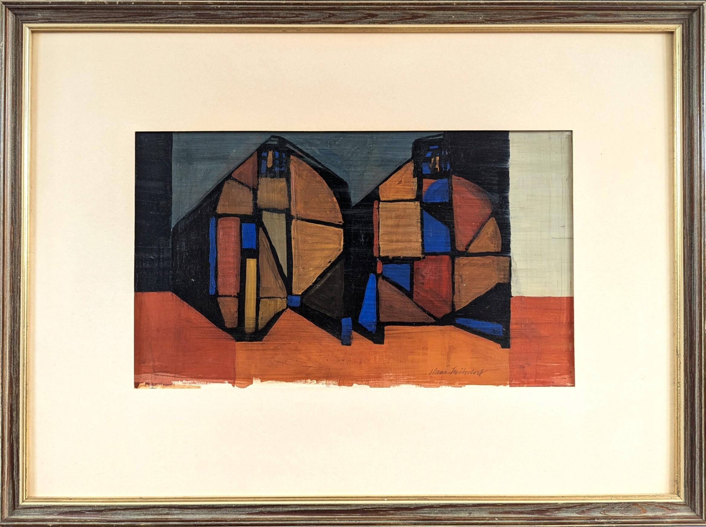Abstract Painting di Unknown - Pittura a olio astratta geometrica di metà secolo - Abitazioni frammentate