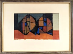 Pittura a olio astratta geometrica di metà secolo - Abitazioni frammentate
