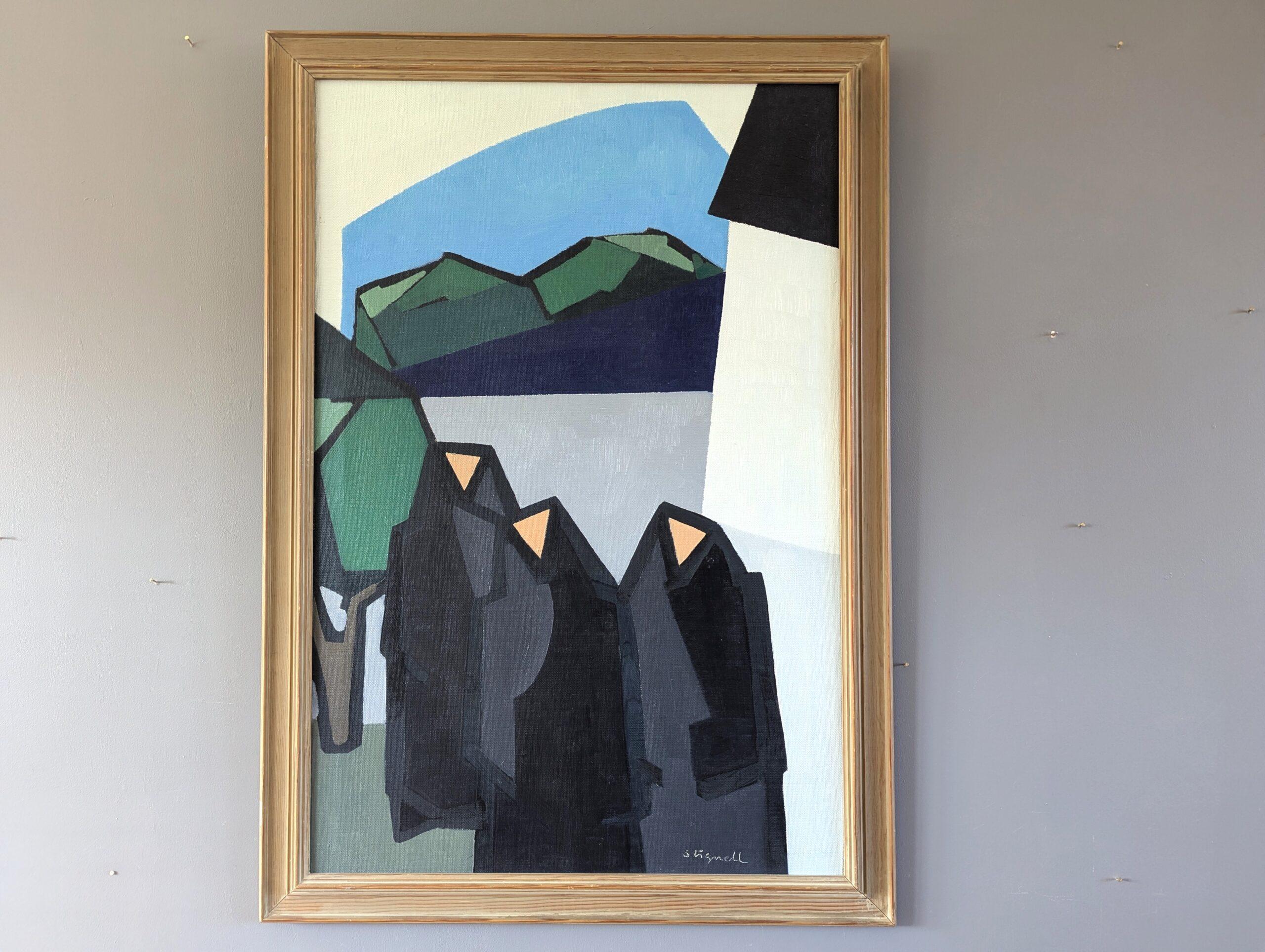 Pittura a olio astratta geometrica di metà secolo - Monastero di montagna - Painting di Unknown
