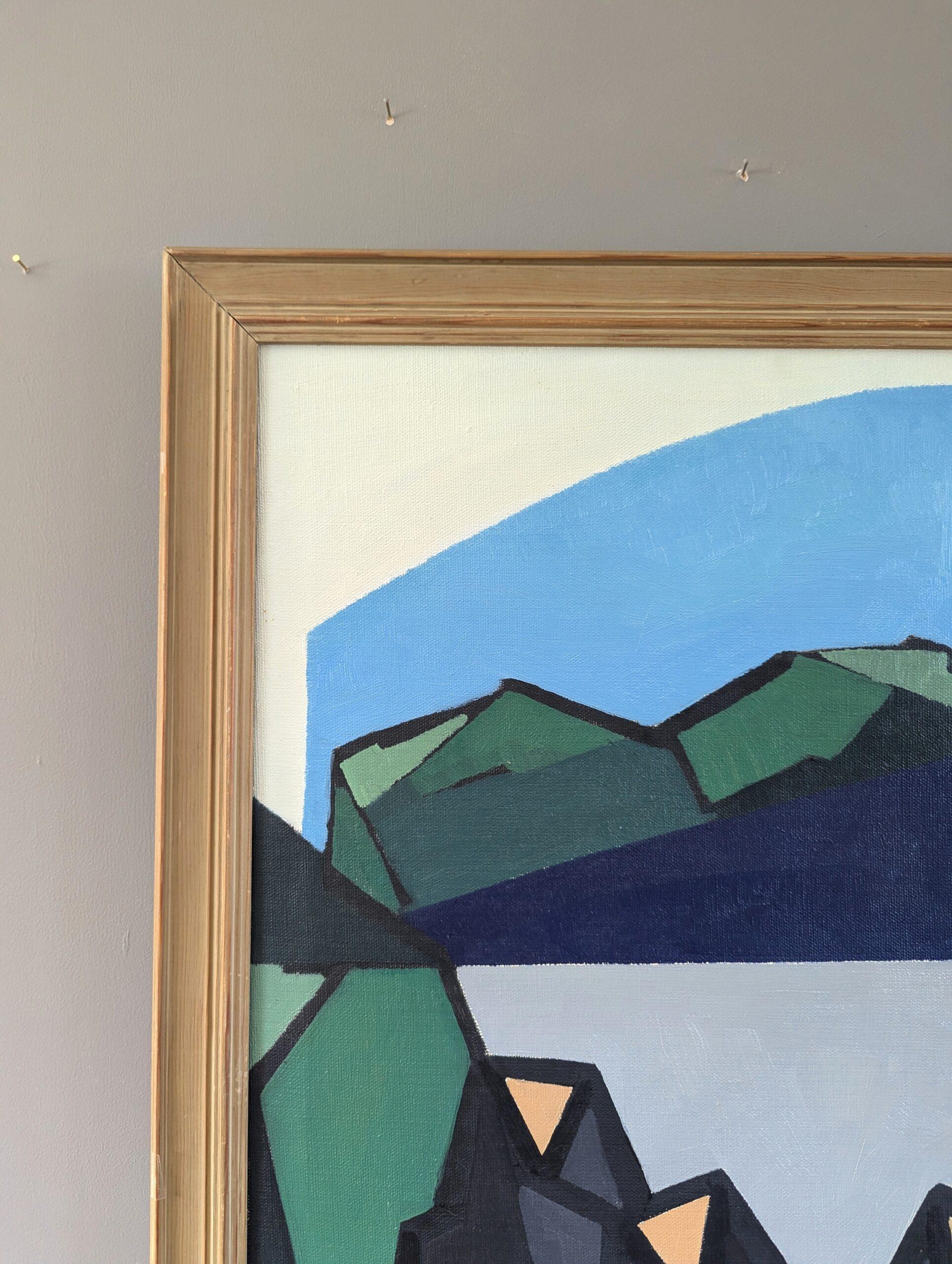 Pittura a olio astratta geometrica di metà secolo - Monastero di montagna - Figurative Painting Nero di Unknown