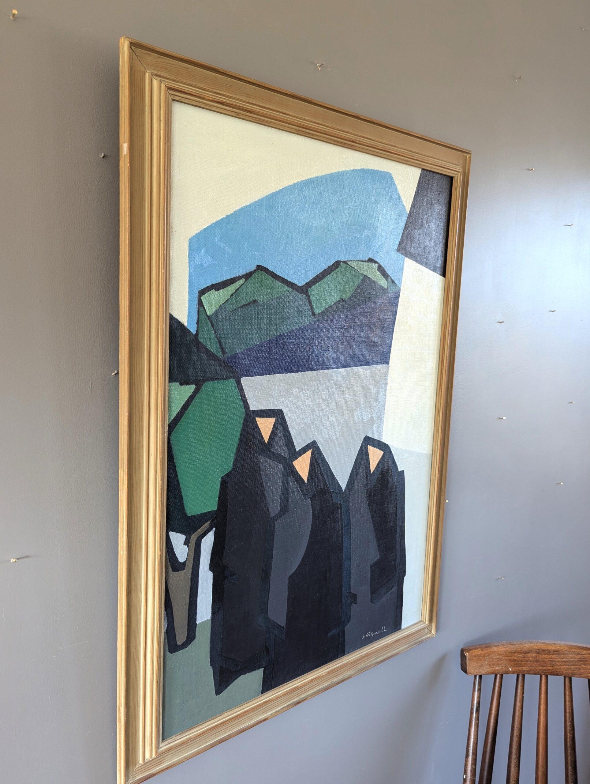 Pittura a olio astratta geometrica di metà secolo - Monastero di montagna in vendita 1