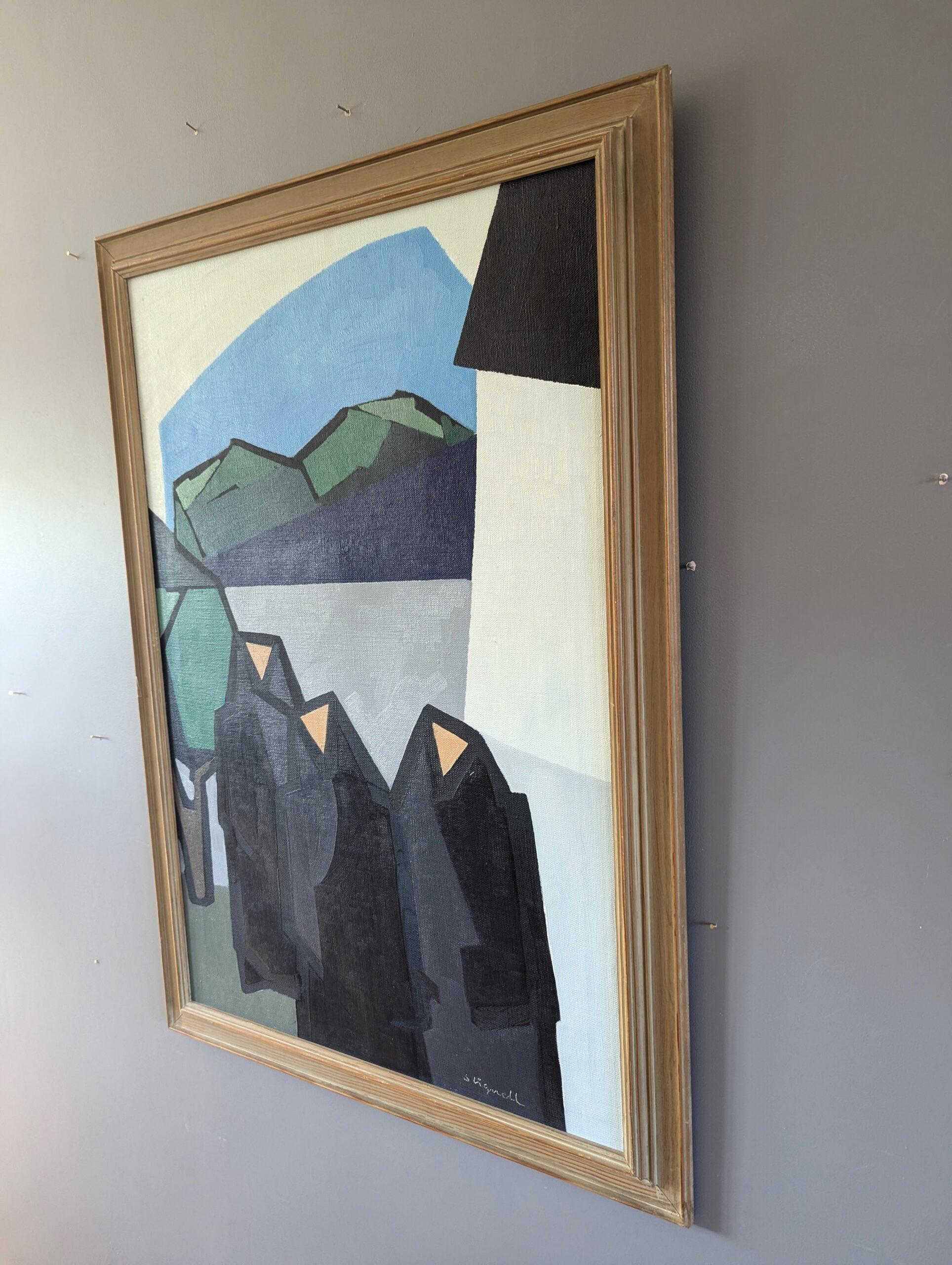 Pittura a olio astratta geometrica di metà secolo - Monastero di montagna in vendita 2