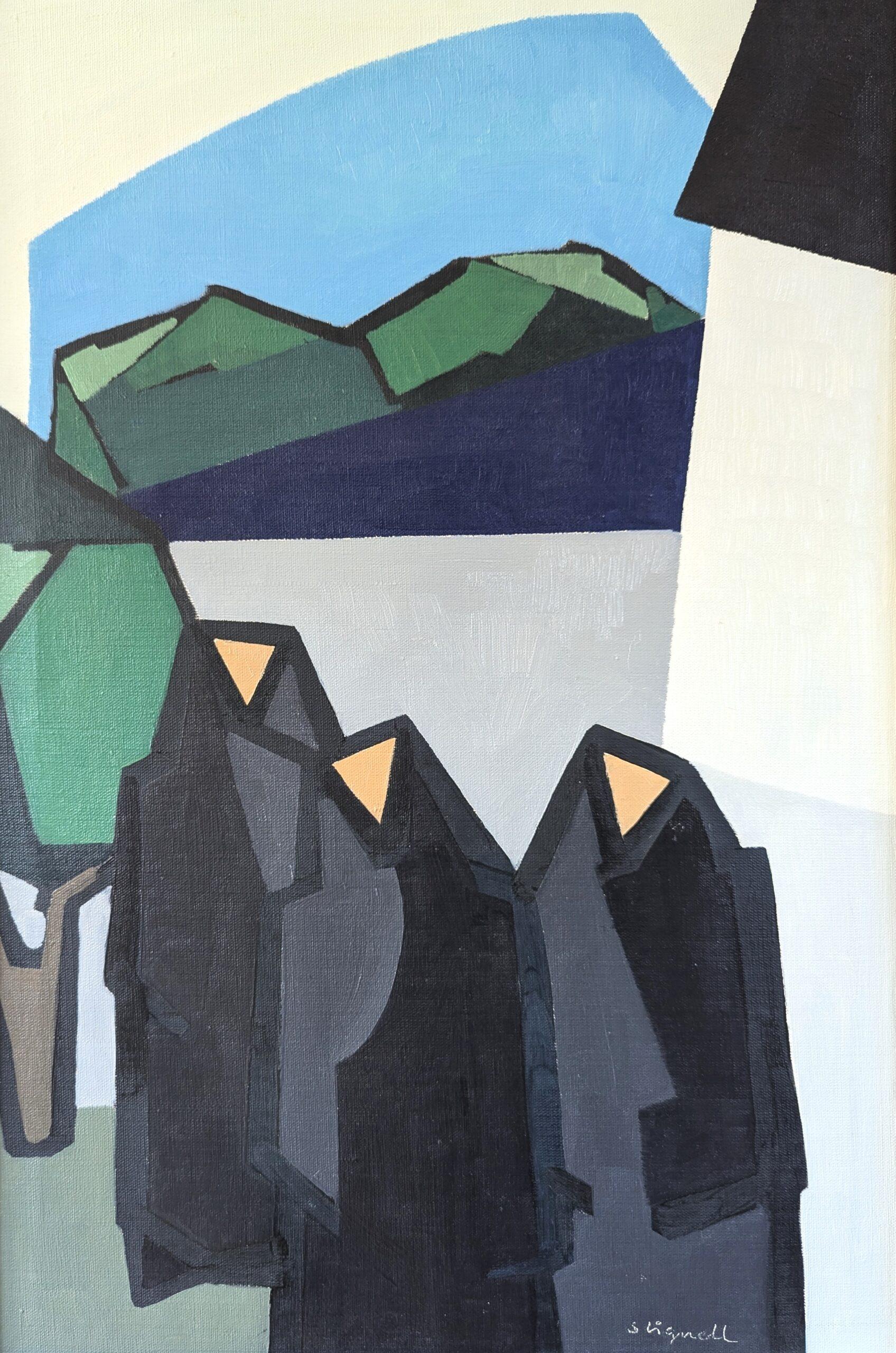 Pittura a olio astratta geometrica di metà secolo - Monastero di montagna in vendita 3