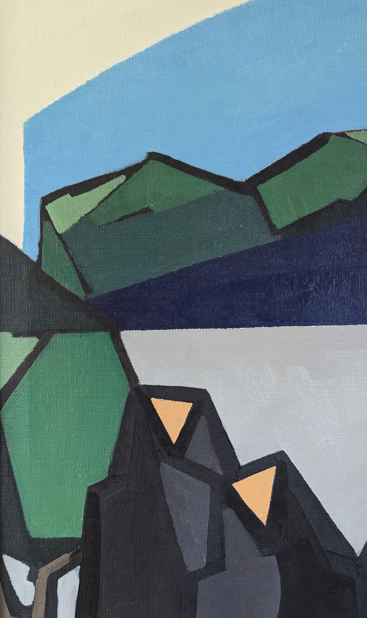 Pittura a olio astratta geometrica di metà secolo - Monastero di montagna in vendita 4