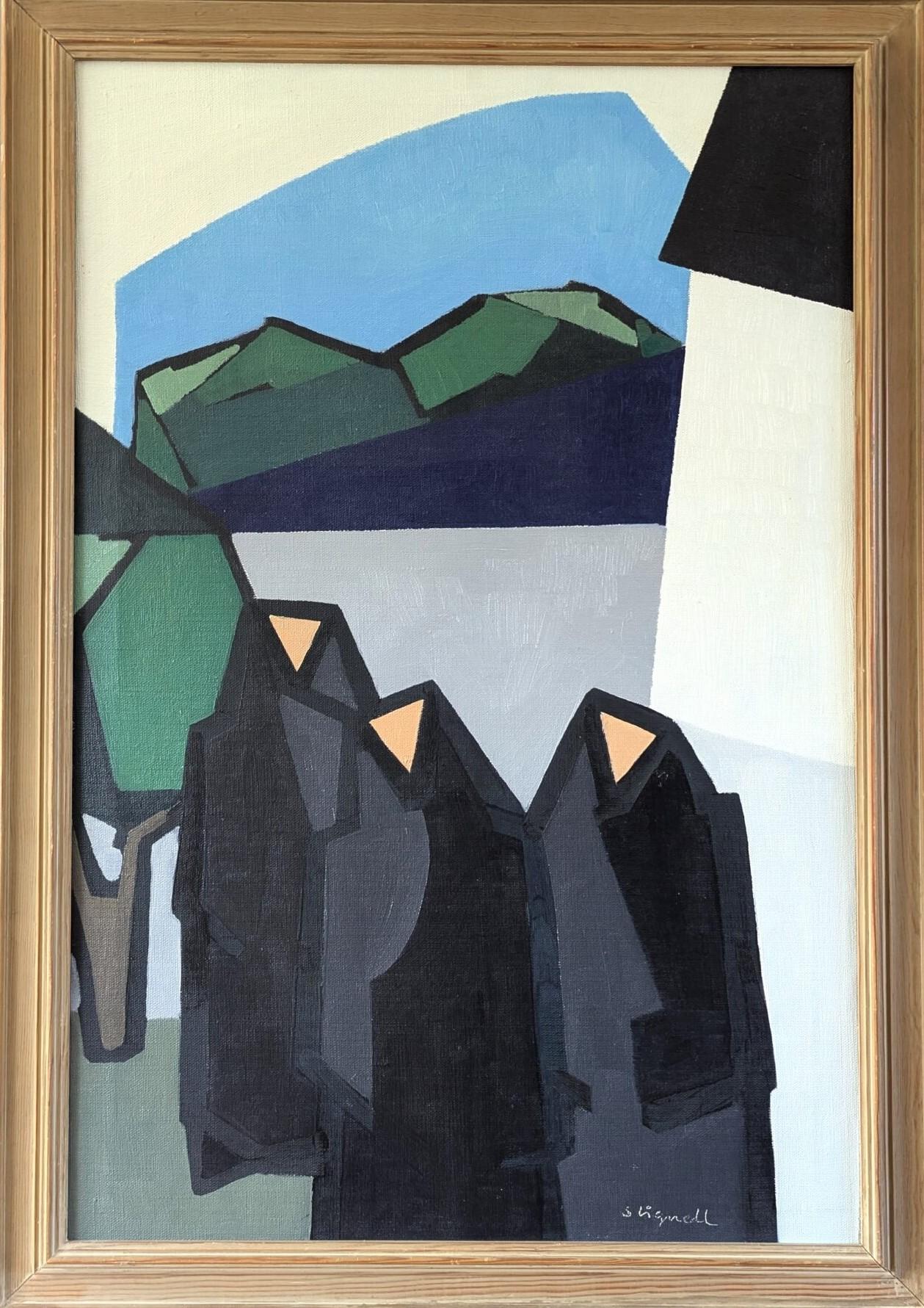 Figurative Painting di Unknown - Pittura a olio astratta geometrica di metà secolo - Monastero di montagna