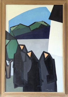 Mid-Century Modern Geometric Abstract Oil Painting - Mountain Monastery