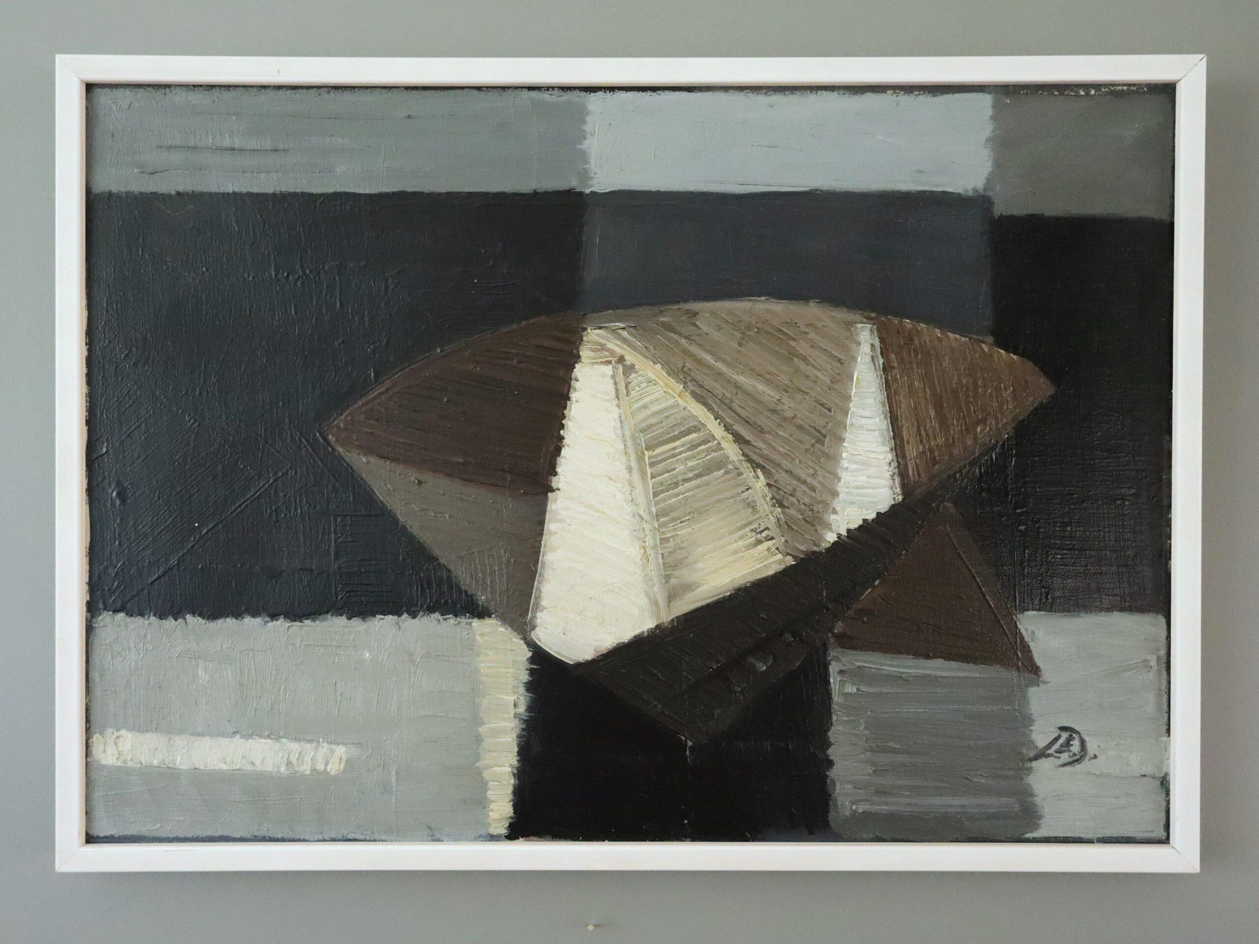 Mid Century Modern Geometric Abstract Seascape Oil Painting - Nocturne Sail - Black Landscape Painting by Unknown