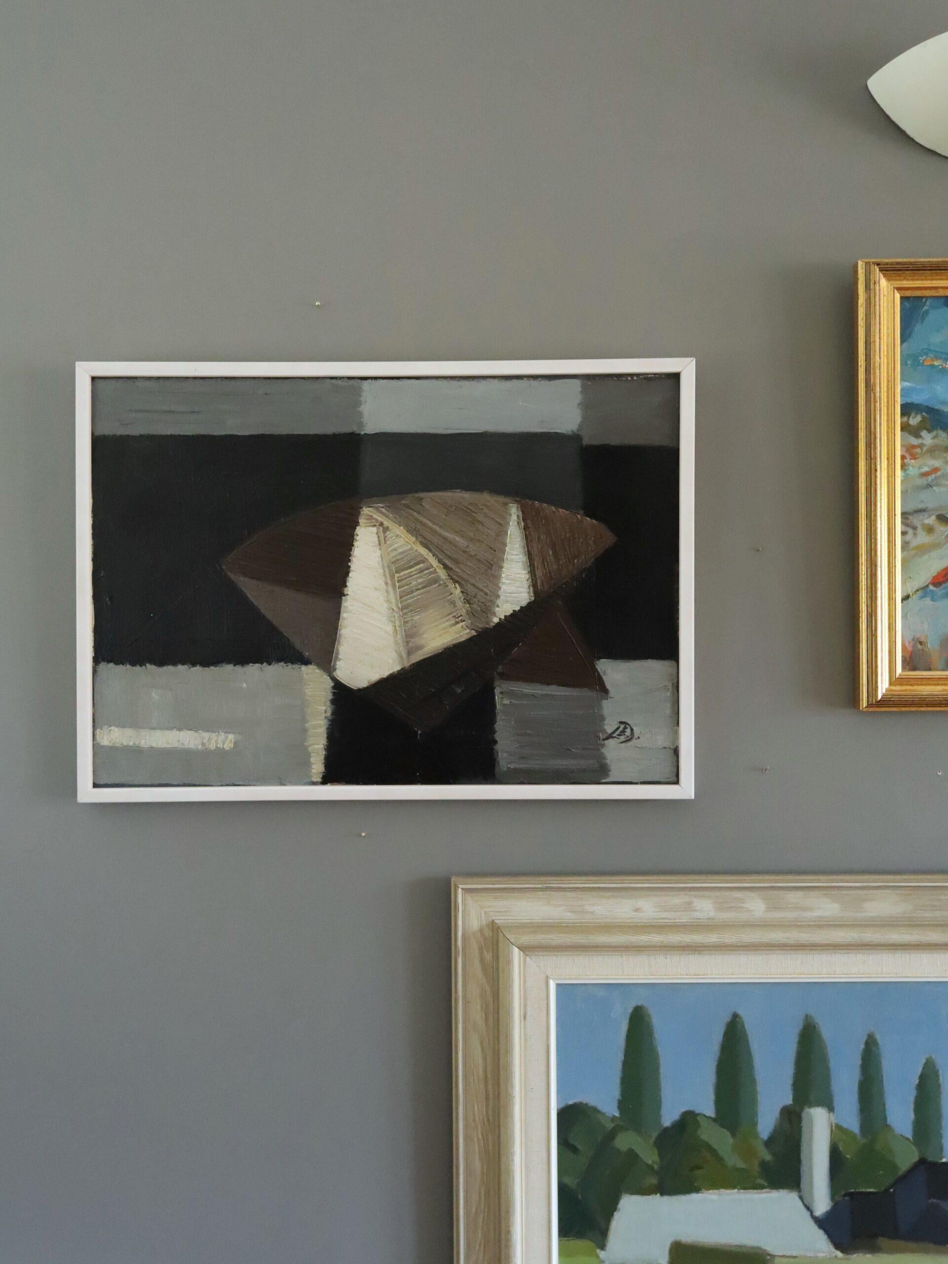 NOCTURNE SAIL
Size: 40 x 56 cm (including frame)
Oil on canvas

An atmospheric mid-century geometric abstract painting that deconstructs the essence of a boat at sea into bold, angular planes and tonal contrasts, executed in oil onto