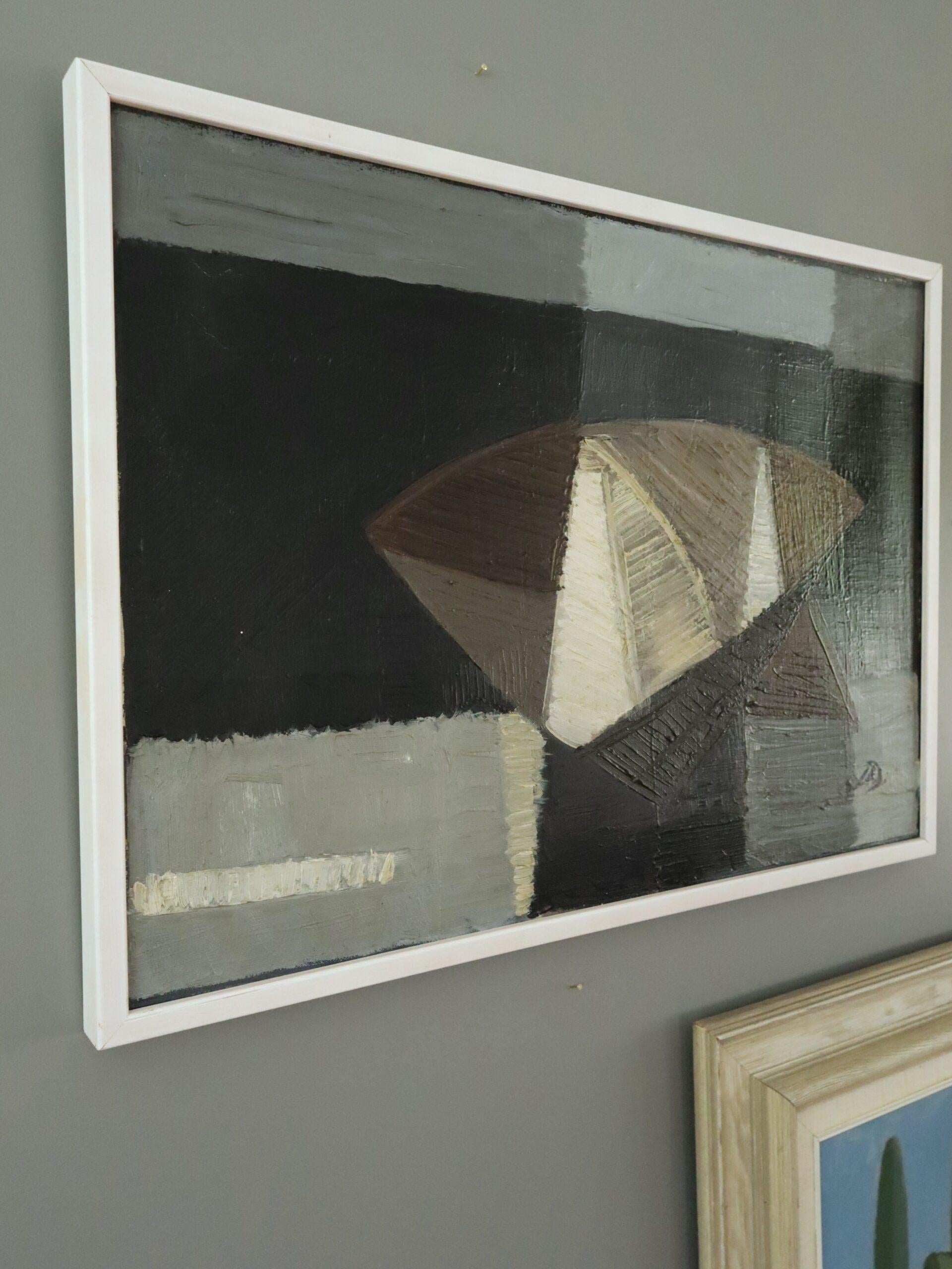 Mid Century Modern Geometric Abstract Seascape Oil Painting - Nocturne Sail For Sale 1