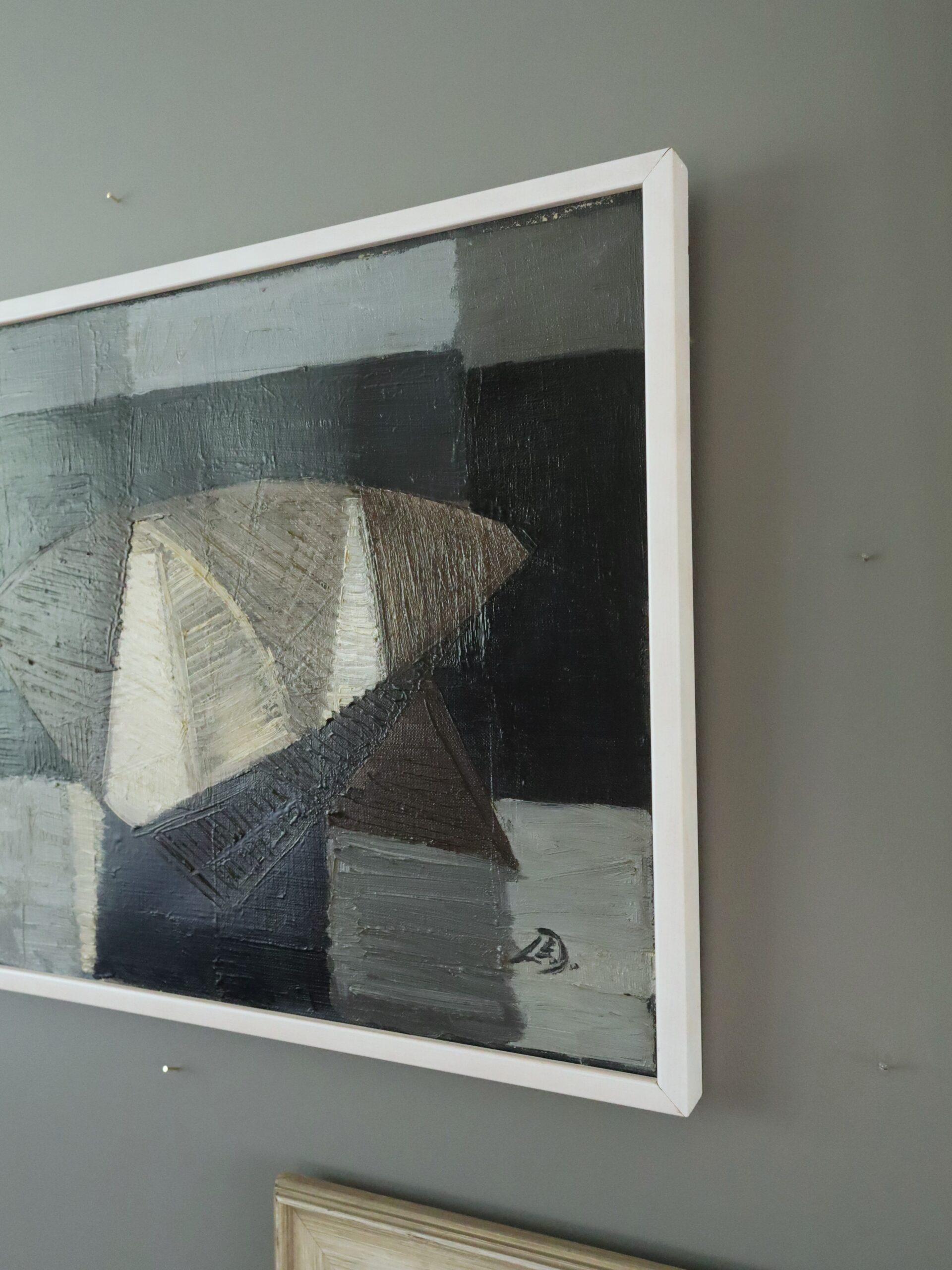 Mid Century Modern Geometric Abstract Seascape Oil Painting - Nocturne Sail For Sale 2