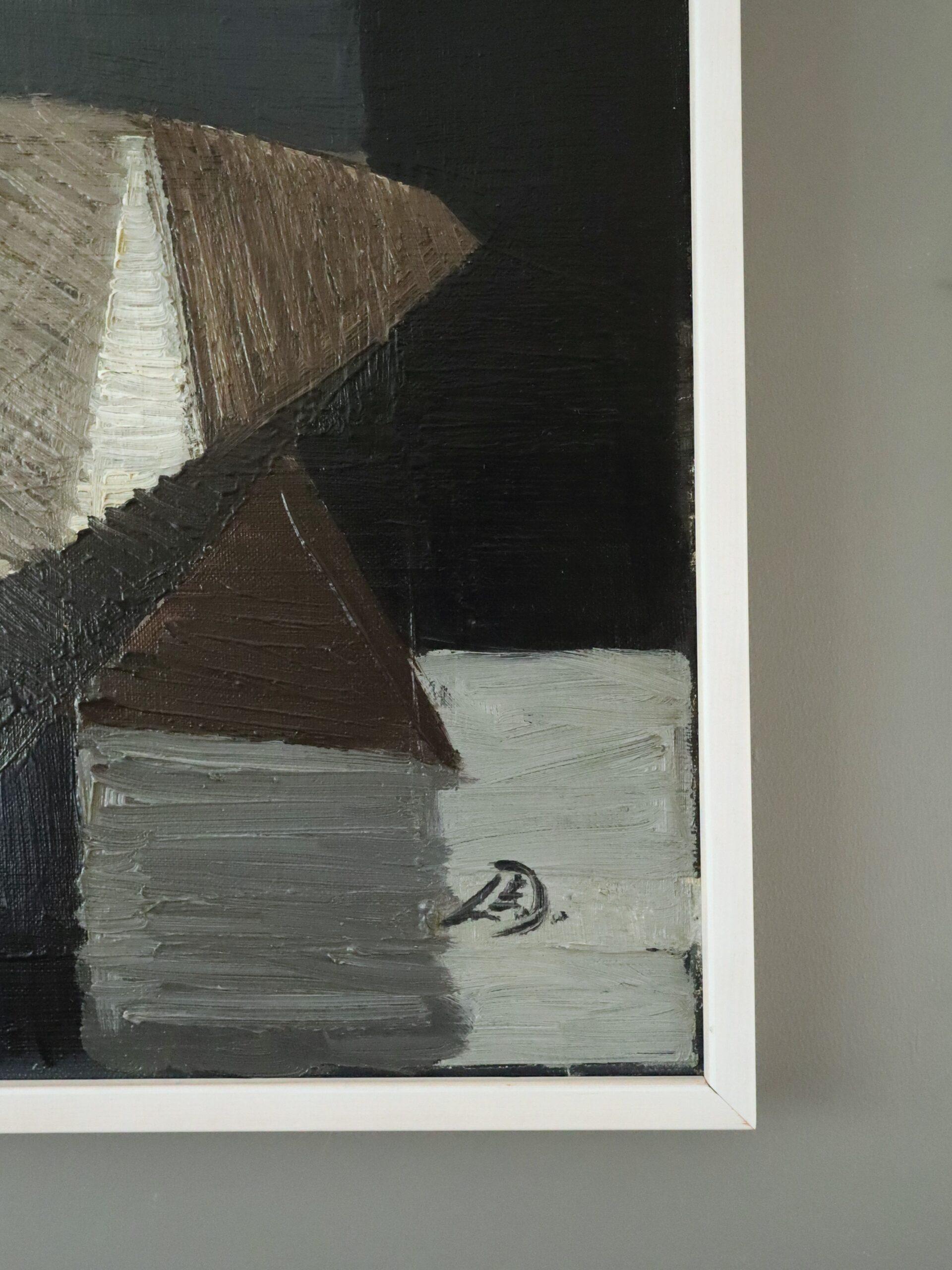 Mid Century Modern Geometric Abstract Seascape Oil Painting - Nocturne Sail For Sale 4