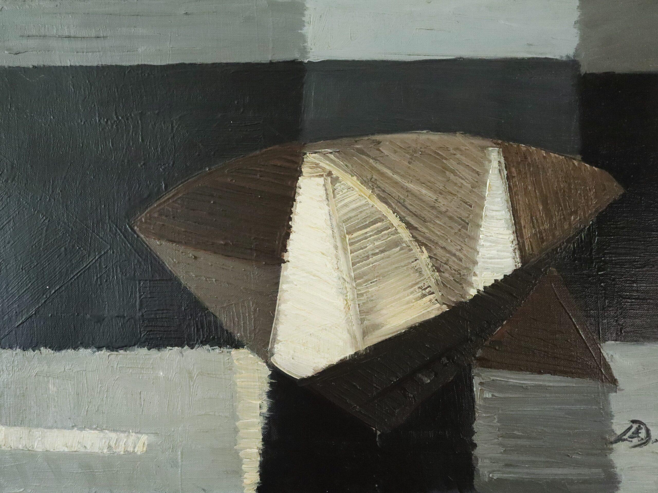 Mid Century Modern Geometric Abstract Seascape Oil Painting - Nocturne Sail For Sale 5