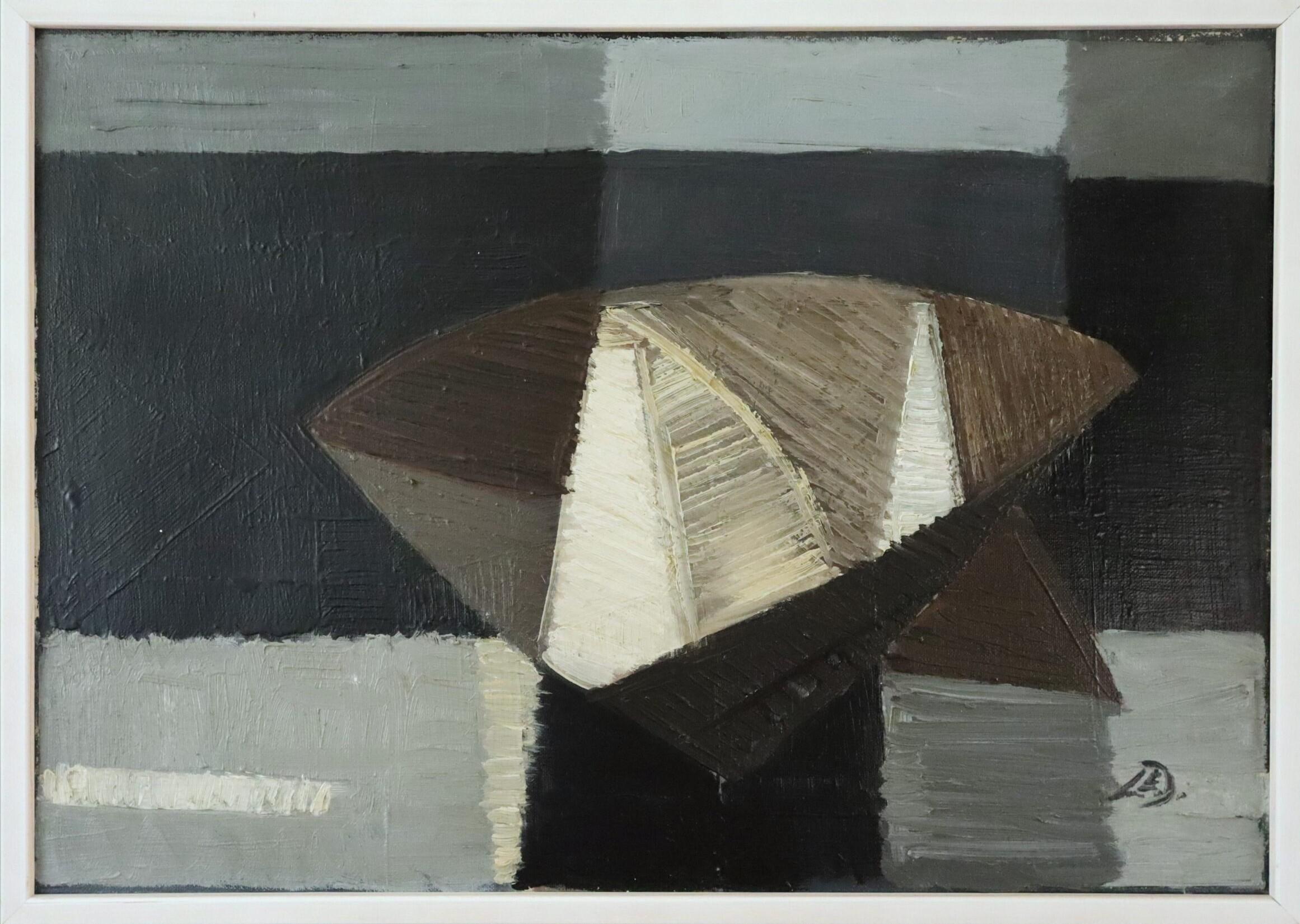 Unknown Landscape Painting - Mid Century Modern Geometric Abstract Seascape Oil Painting - Nocturne Sail