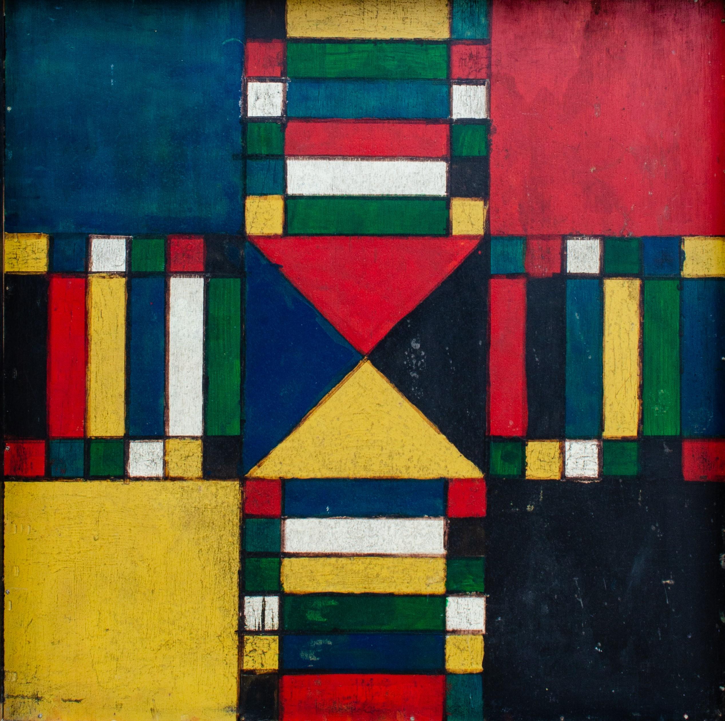 Mid Century Modern Geometric Abstraction on Wood  - Painting by Unknown