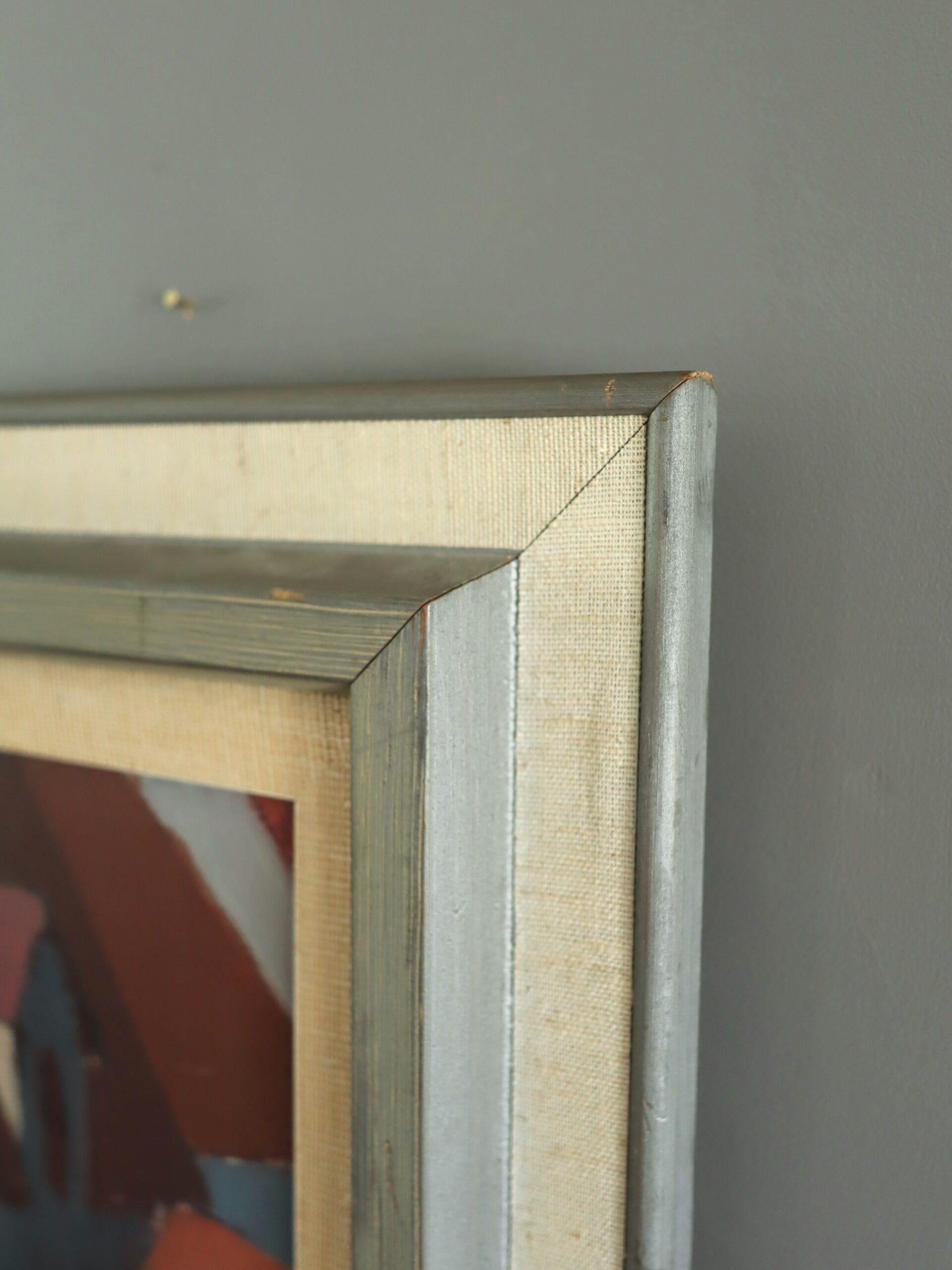 Peinture à l'huile géométrique de paysage urbain du milieu du siècle dernier - Les toits en rythme en vente 5