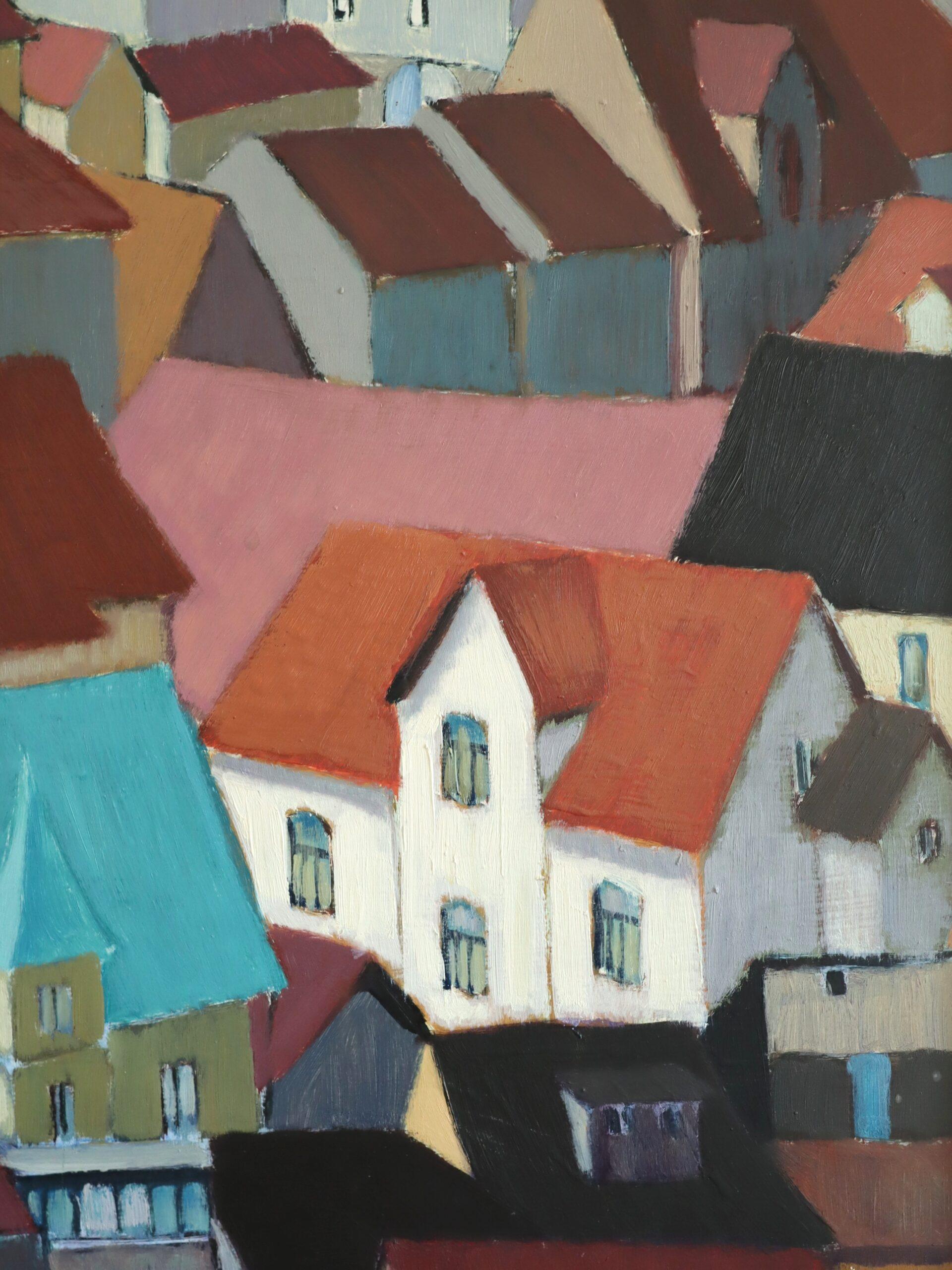 Peinture à l'huile géométrique de paysage urbain du milieu du siècle dernier - Les toits en rythme en vente 6