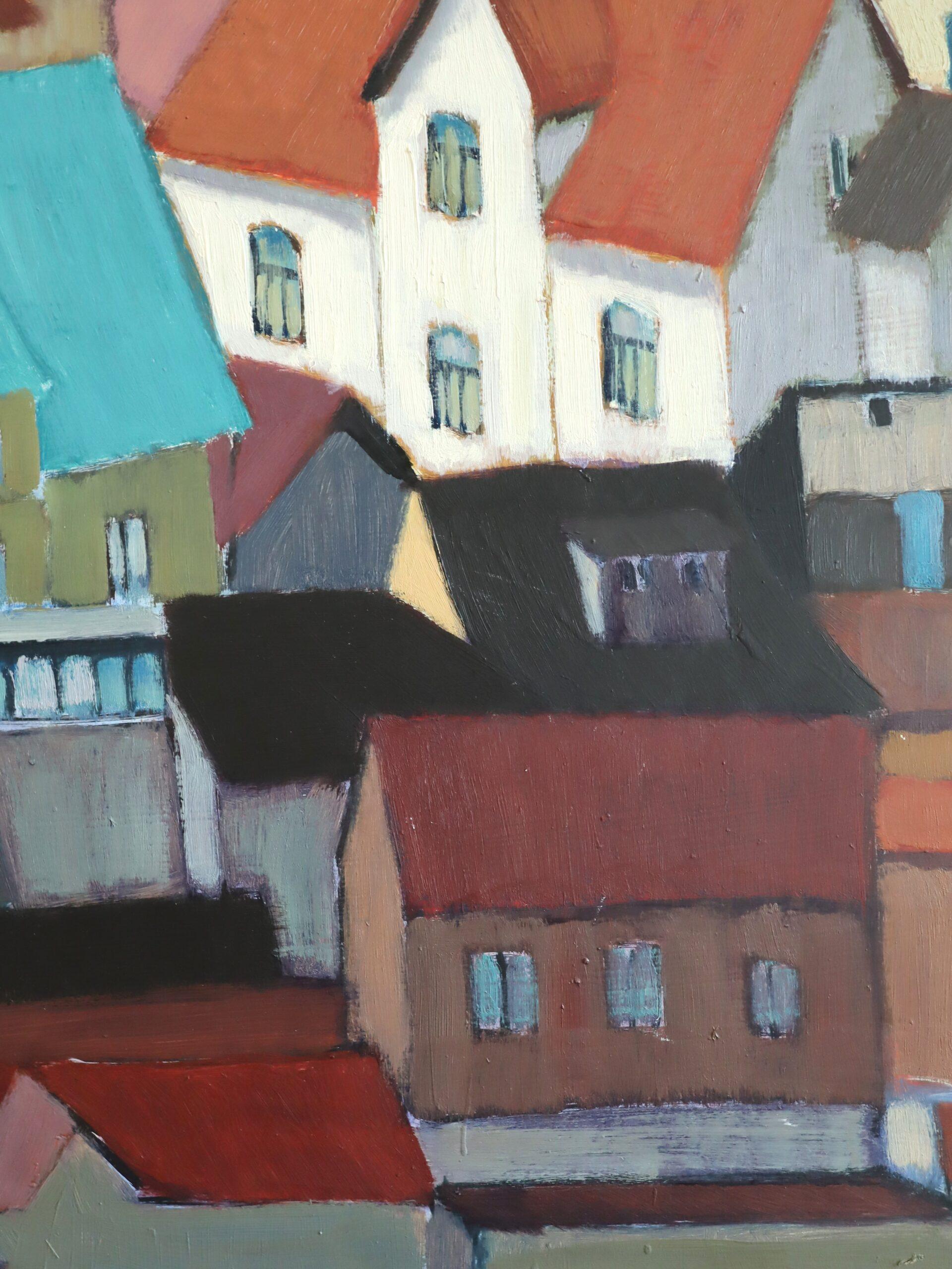 Peinture à l'huile géométrique de paysage urbain du milieu du siècle dernier - Les toits en rythme en vente 7