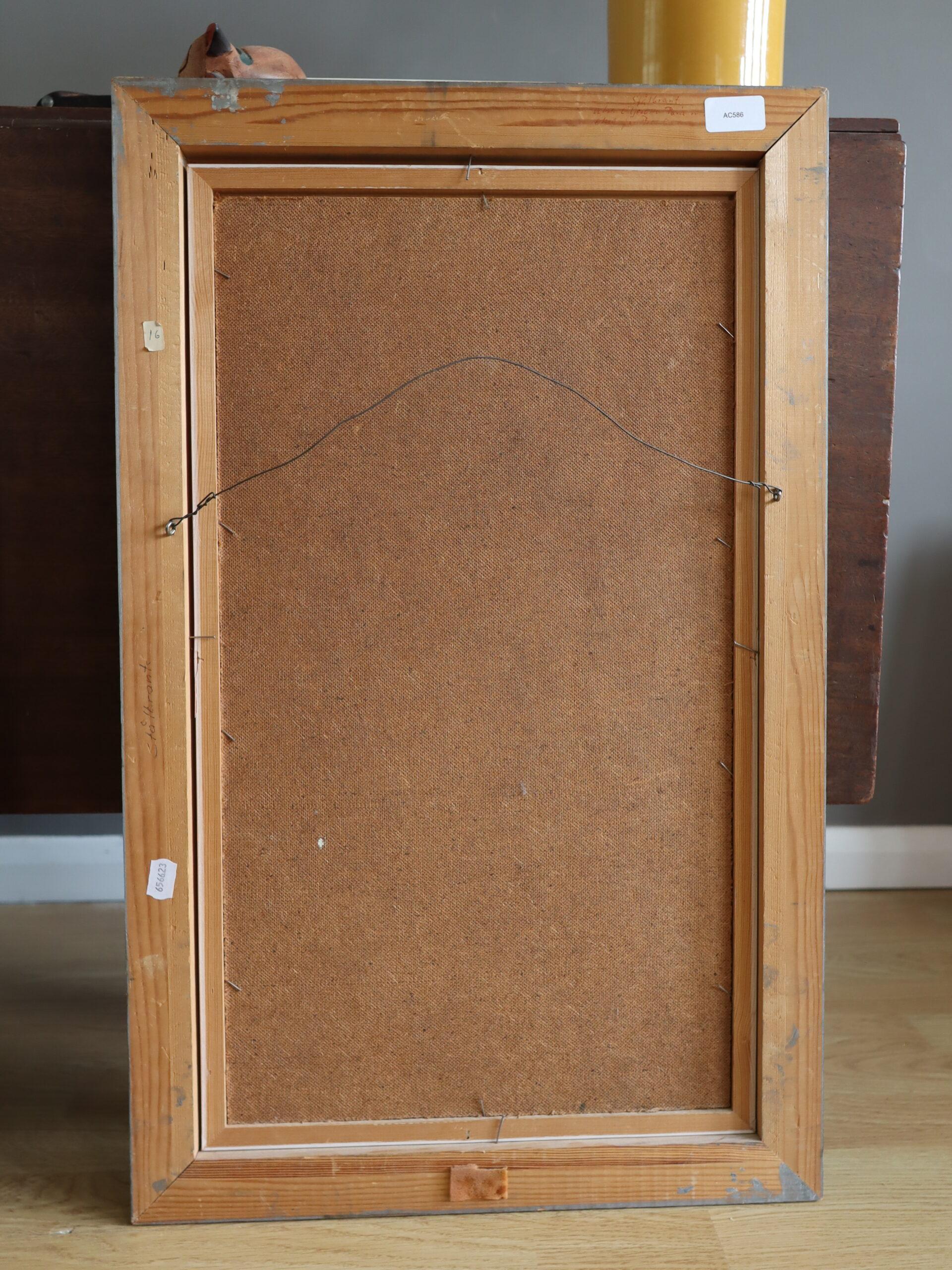 Peinture à l'huile géométrique de paysage urbain du milieu du siècle dernier - Les toits en rythme en vente 8