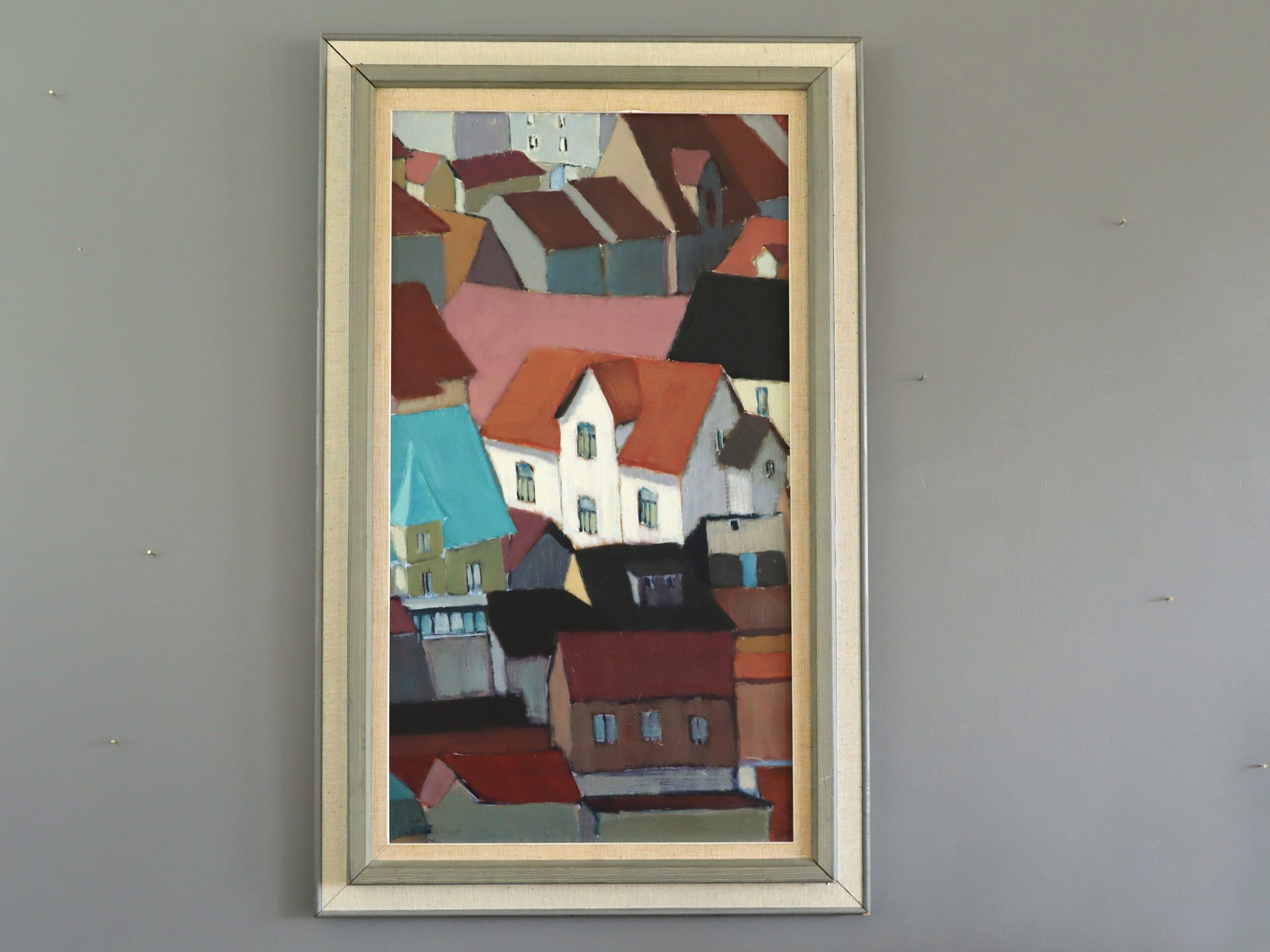 Peinture à l'huile géométrique de paysage urbain du milieu du siècle dernier - Les toits en rythme - Painting de Unknown