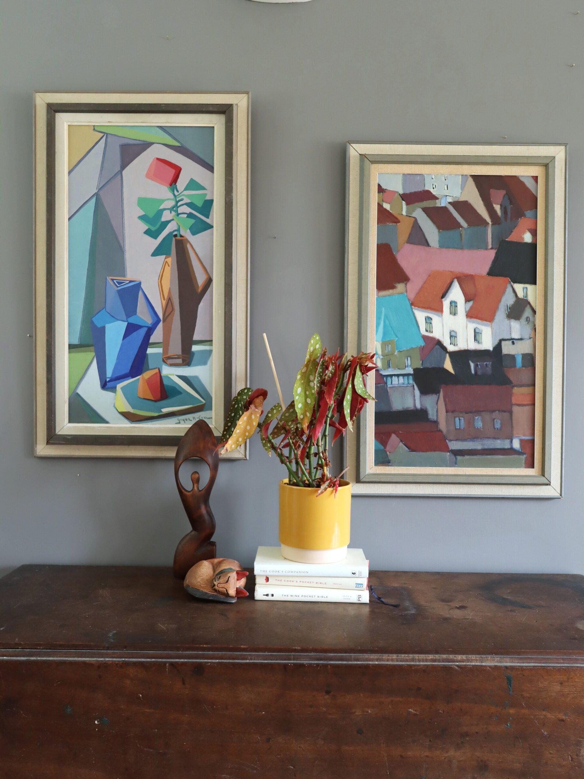 Peinture à l'huile géométrique de paysage urbain du milieu du siècle dernier - Les toits en rythme - Marron Landscape Painting par Unknown