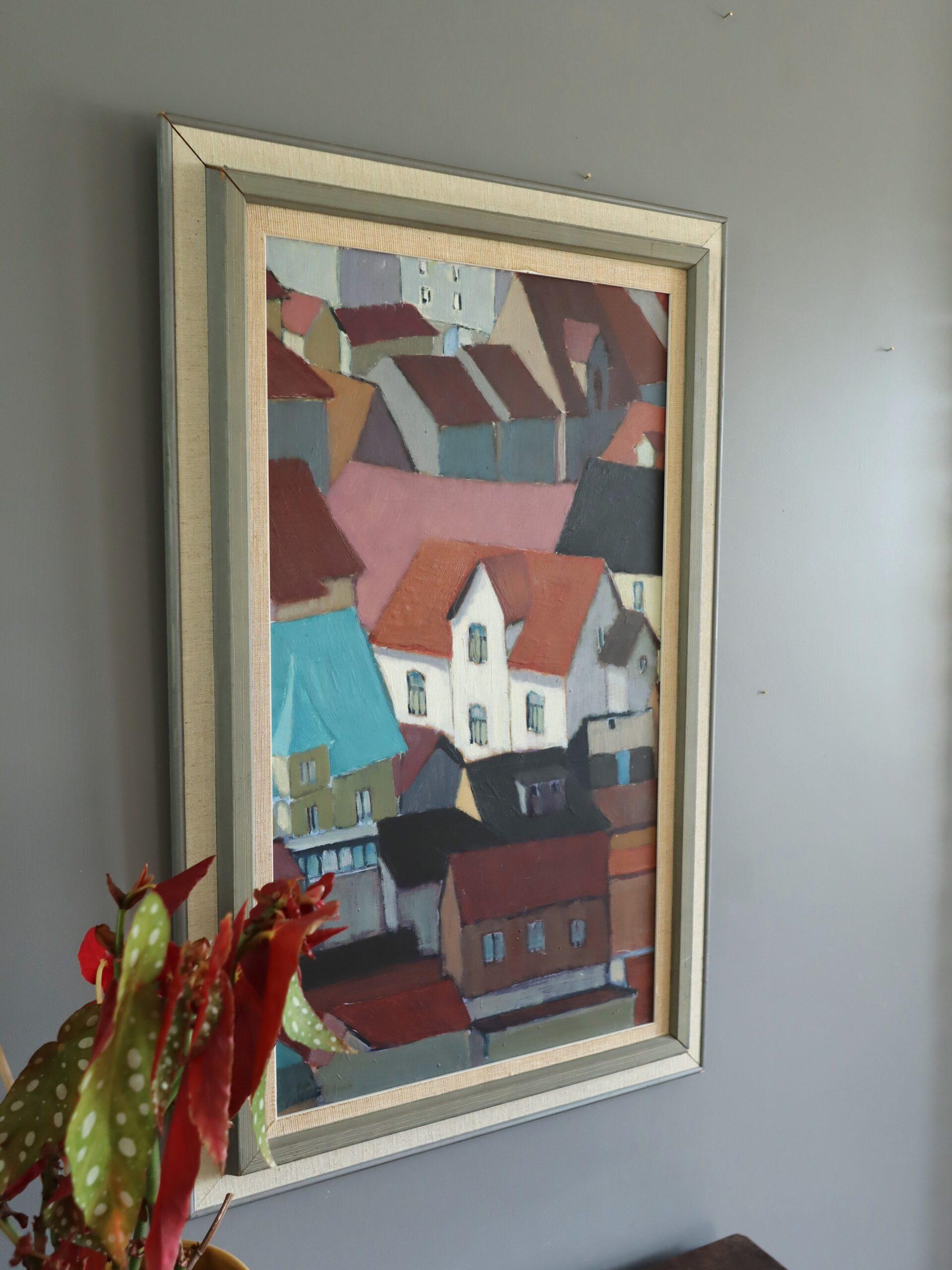 Peinture à l'huile géométrique de paysage urbain du milieu du siècle dernier - Les toits en rythme en vente 1