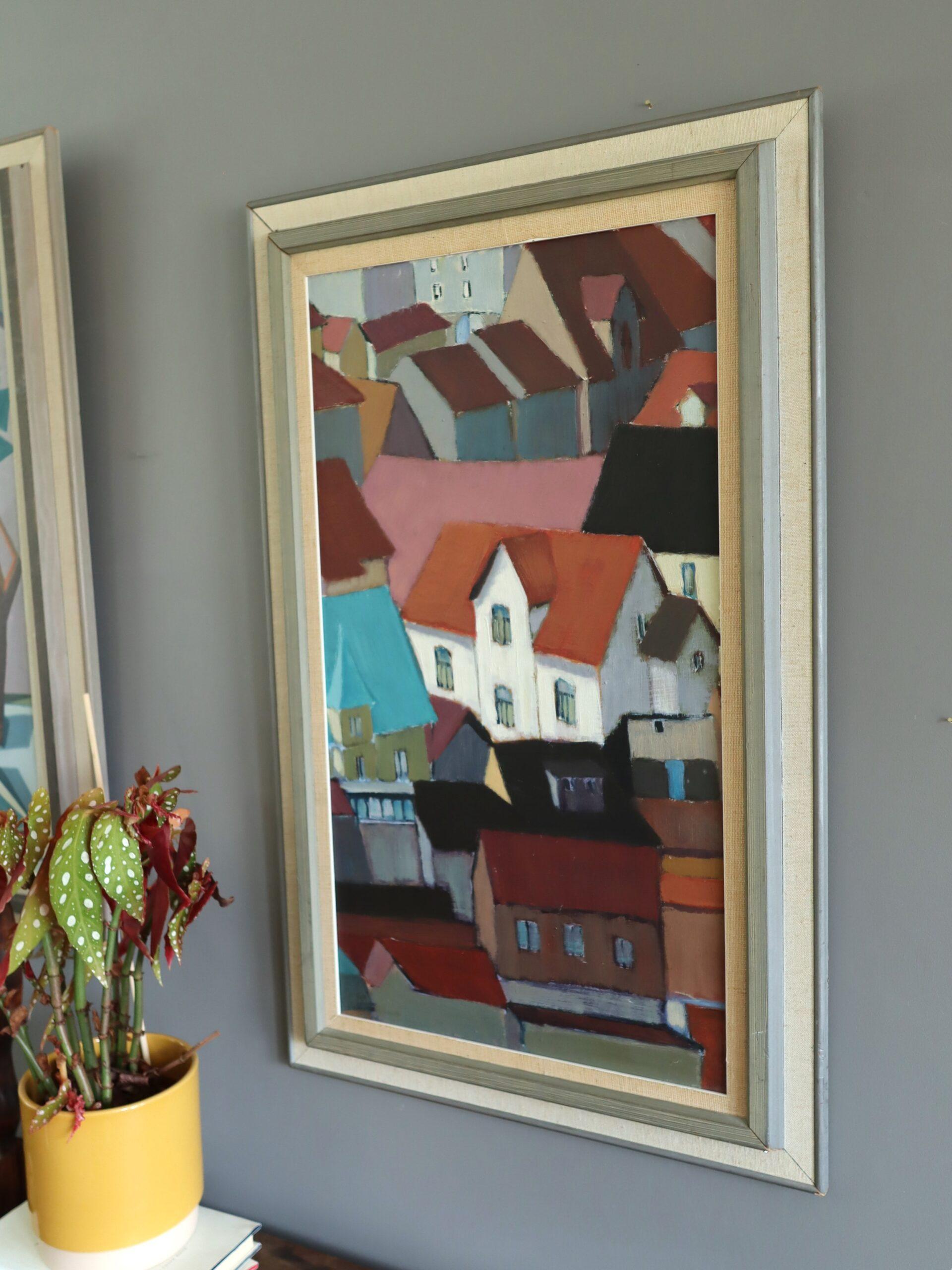 Peinture à l'huile géométrique de paysage urbain du milieu du siècle dernier - Les toits en rythme en vente 2