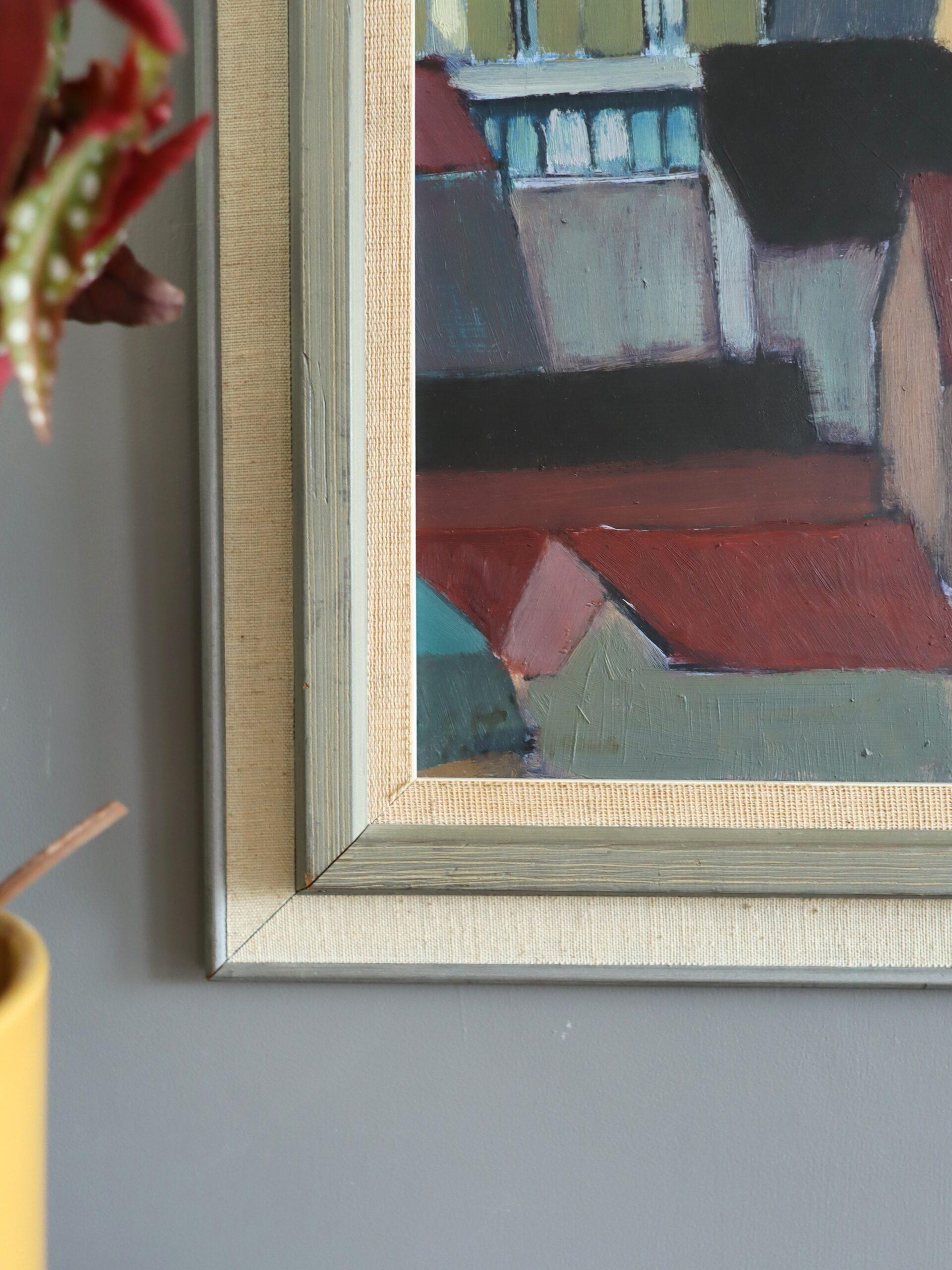 Peinture à l'huile géométrique de paysage urbain du milieu du siècle dernier - Les toits en rythme en vente 3