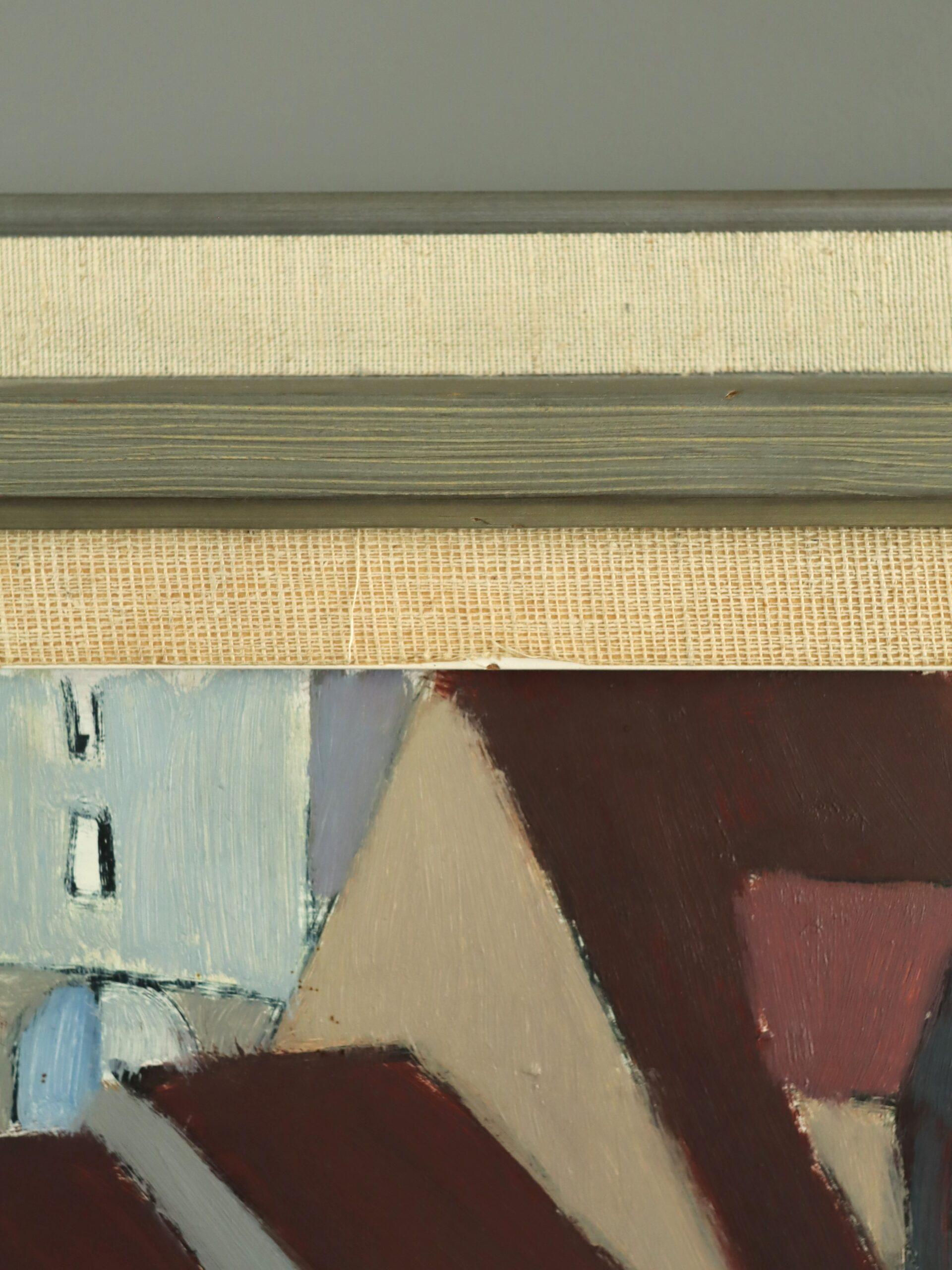 Peinture à l'huile géométrique de paysage urbain du milieu du siècle dernier - Les toits en rythme en vente 4