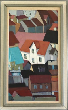 Mid Century Modern Geometric Cityscape Oil Painting - Rooftops in Rhythm