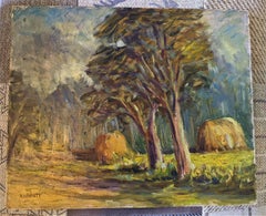 Mid-Century Modern "Haystacks" Woodland Landscape Oil Painting, Framed