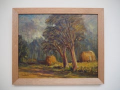 Mid-Century Modern "Haystacks" Woodland Landscape Oil Painting, Framed