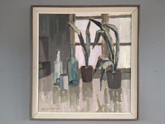 Mid Century Modern Interior Still Life Oil Painting - Potted Plants & Bottles