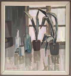 Mid Century Modern Interior Still Life Oil Painting - Potted Plants & Bottles
