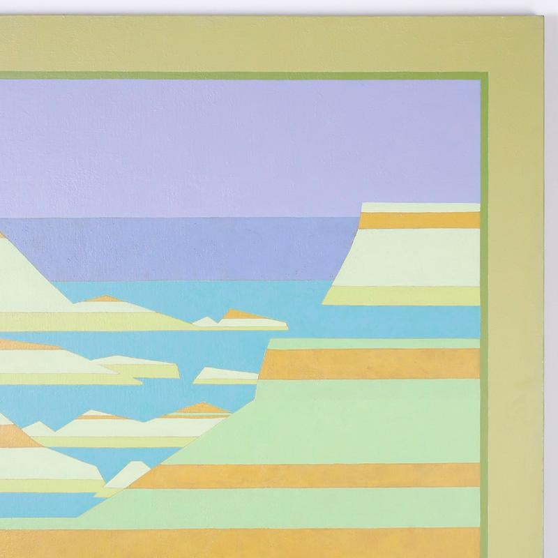 Midcentury acrylic painting on canvas that deconstructs a Western landscape and recomposes it with lines and color. Signed Yanosky 1974 in the lower right and titled on the back, Earth Strata.