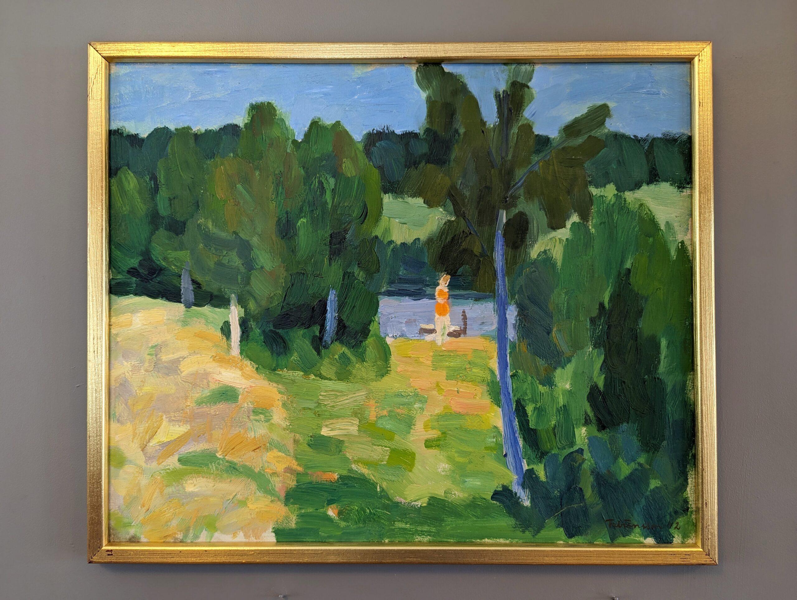 NATURE HIDEOUT
Size: 41 x 49 cm (including frame)
Oil on Board

A wonderfully executed modernist style landscape oil composition, signed and dated 1942 by the established Swedish artist Ture Fabiansson (1910-1994), whose works have been exhibited in