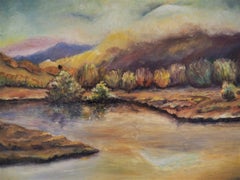 Paysage moderne du milieu du siècle Reverie - Peinture à l'huile vintage