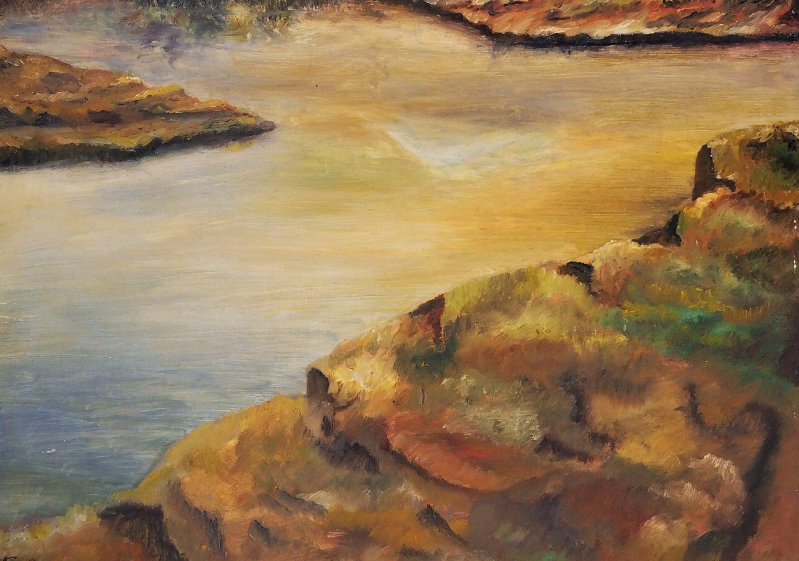 Paysage moderne du milieu du siècle Reverie - Peinture à l'huile vintage - Beige Landscape Painting par Unknown