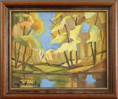 Mid Century Modern Mini Abstract Landscape Oil Painting - Golden Reflections