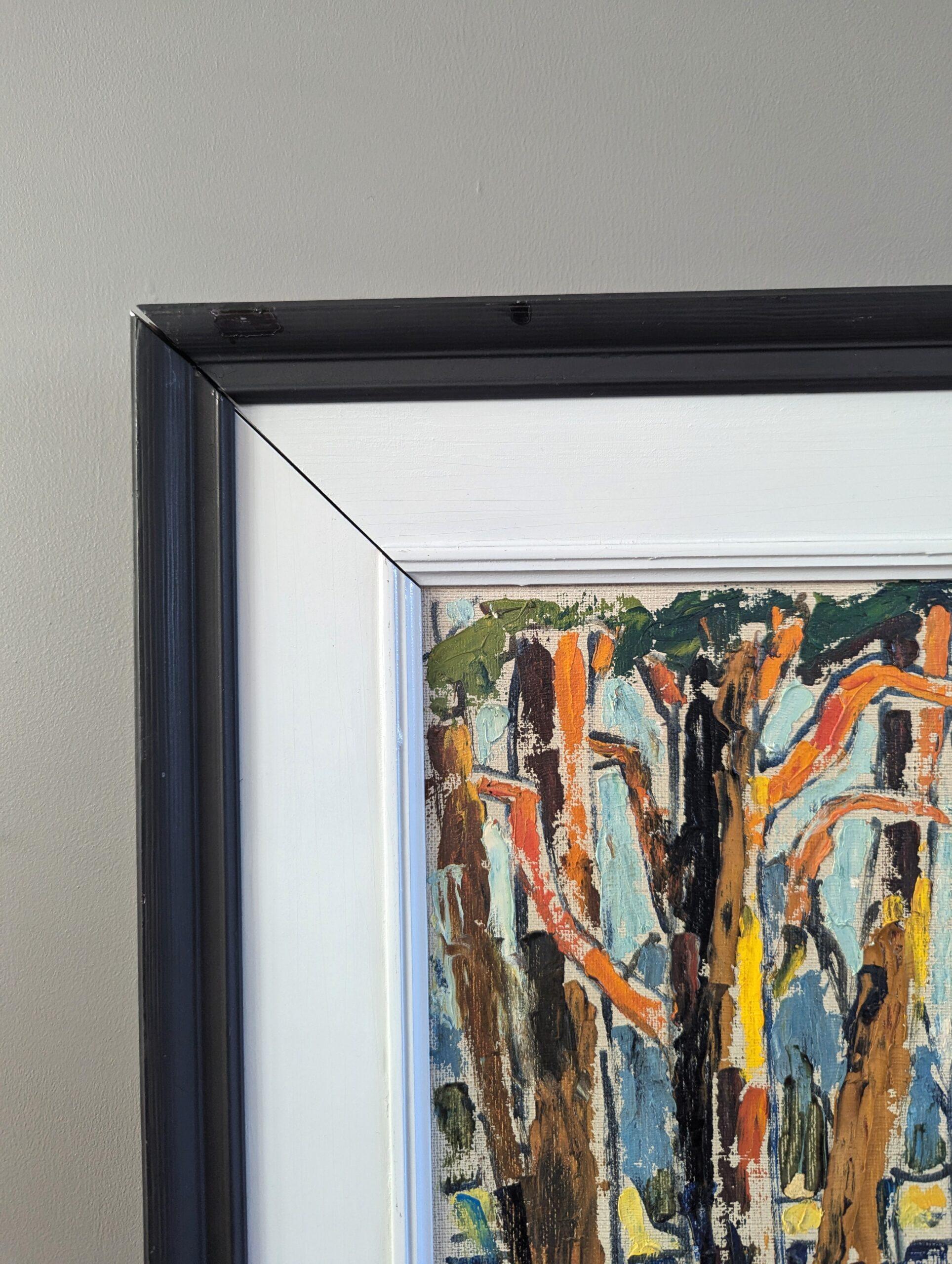 Mini pintura al óleo de paisaje expresivo de mediados del siglo XX - Color bosque en venta 3