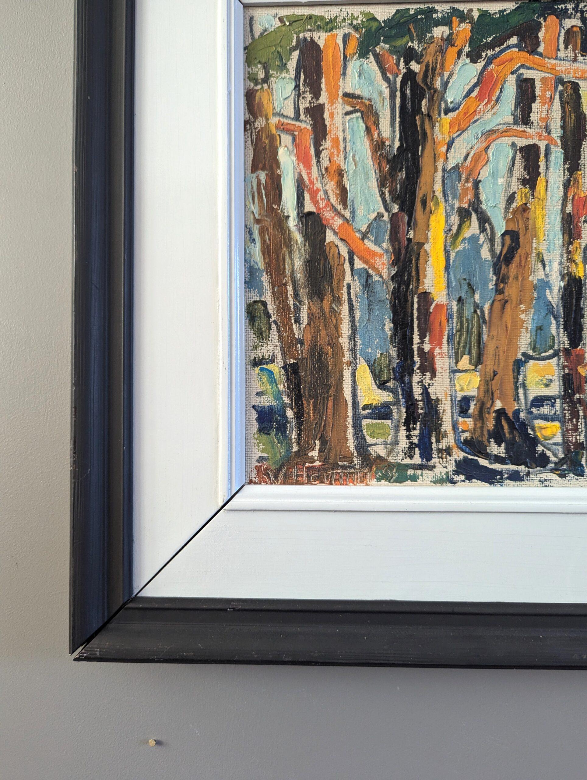 Mini pintura al óleo de paisaje expresivo de mediados del siglo XX - Color bosque en venta 4
