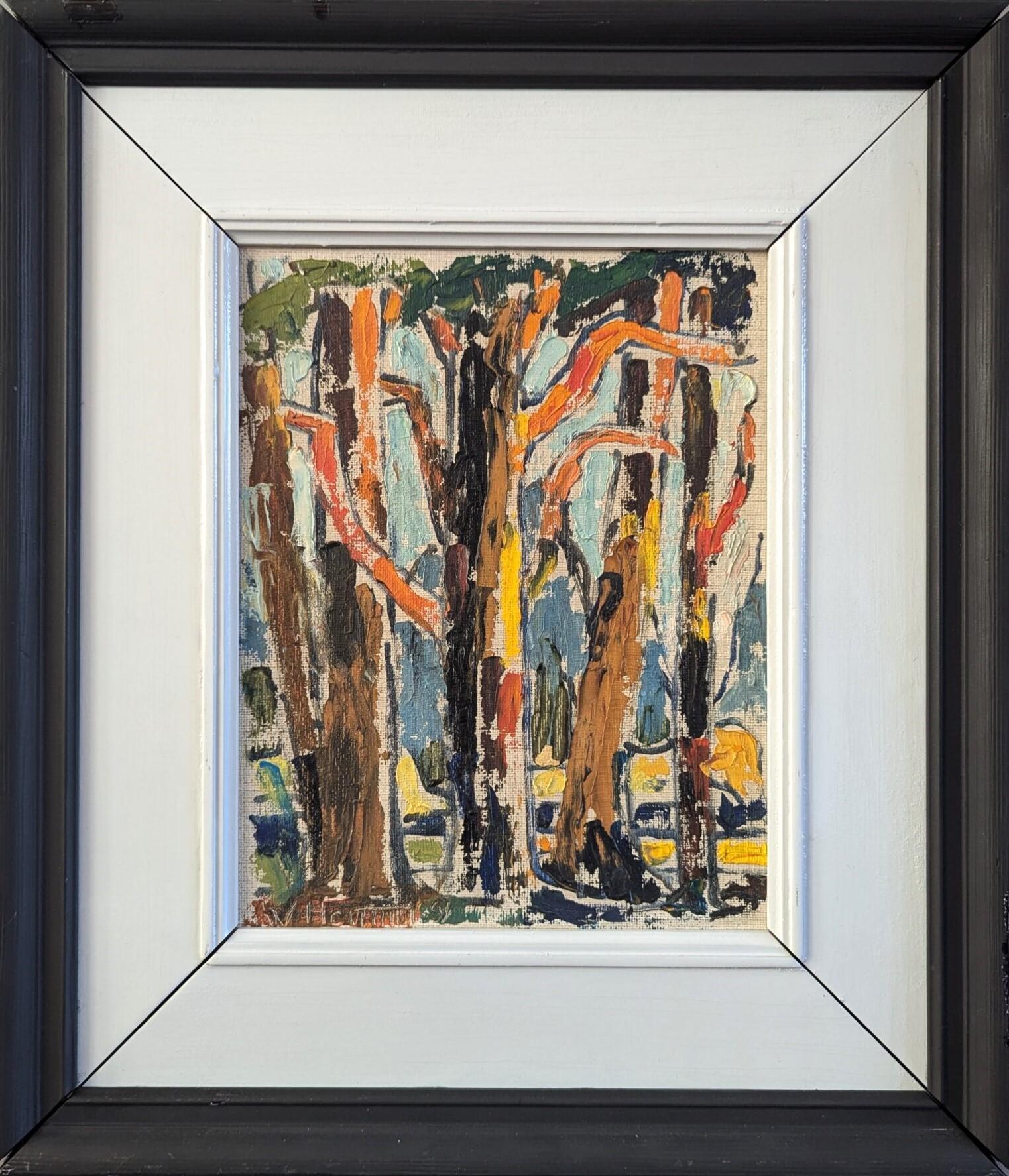 Landscape Painting de Unknown - Mini pintura al óleo de paisaje expresivo de mediados del siglo XX - Color bosque