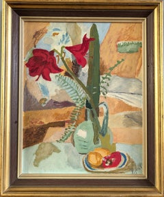 Vintage Mid-Century Modern Mini Expressive Still Life Oil Painting - Red Amaryllis