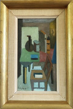 Pintura al óleo mini escena interior geométrica moderna de mediados de siglo - Silla y vasijas