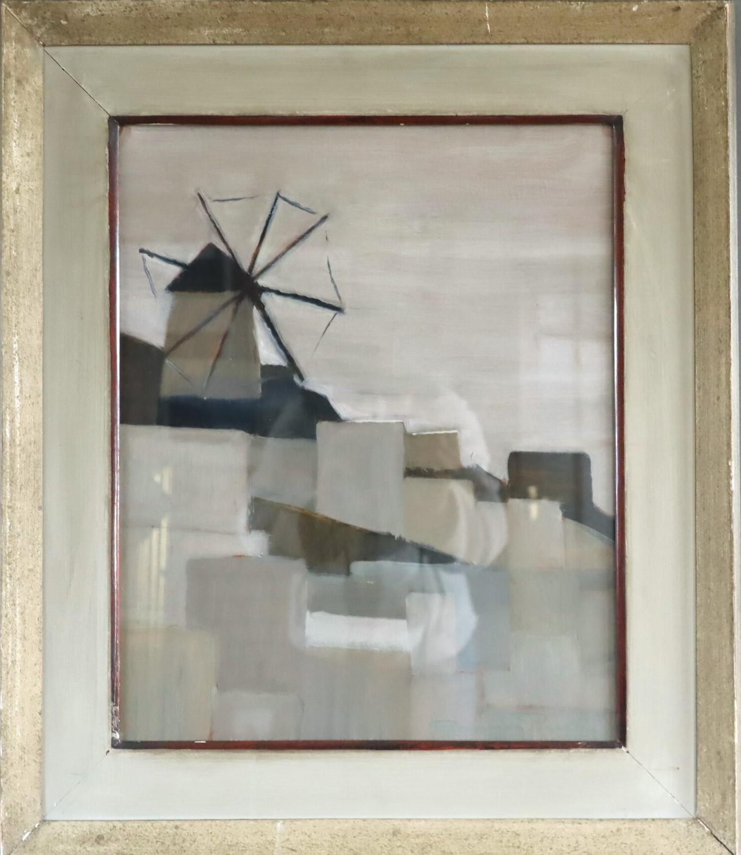 Mid Century Modern Minimalist Landscape Oil Painting - Windmill on the Hill